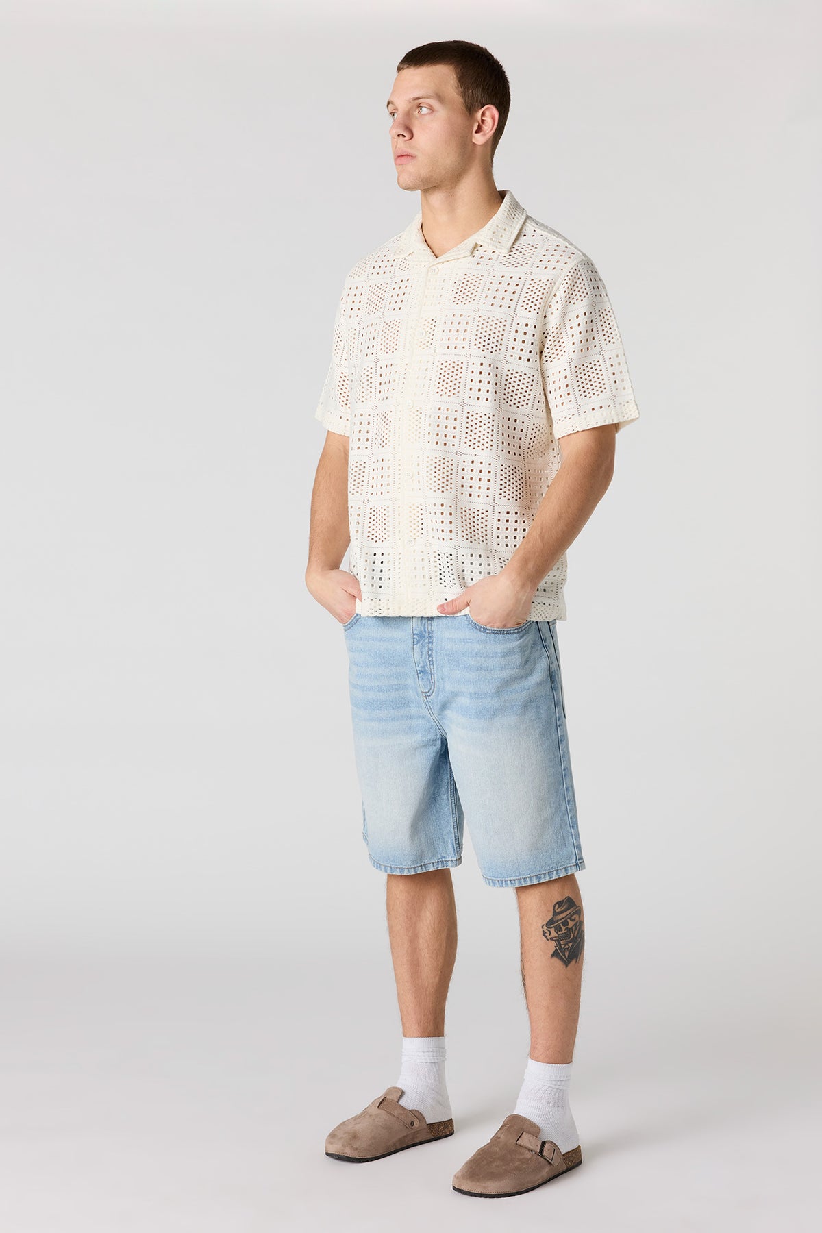 Alt View 3. Crochet Short Sleeve Button-Up Top - Off White