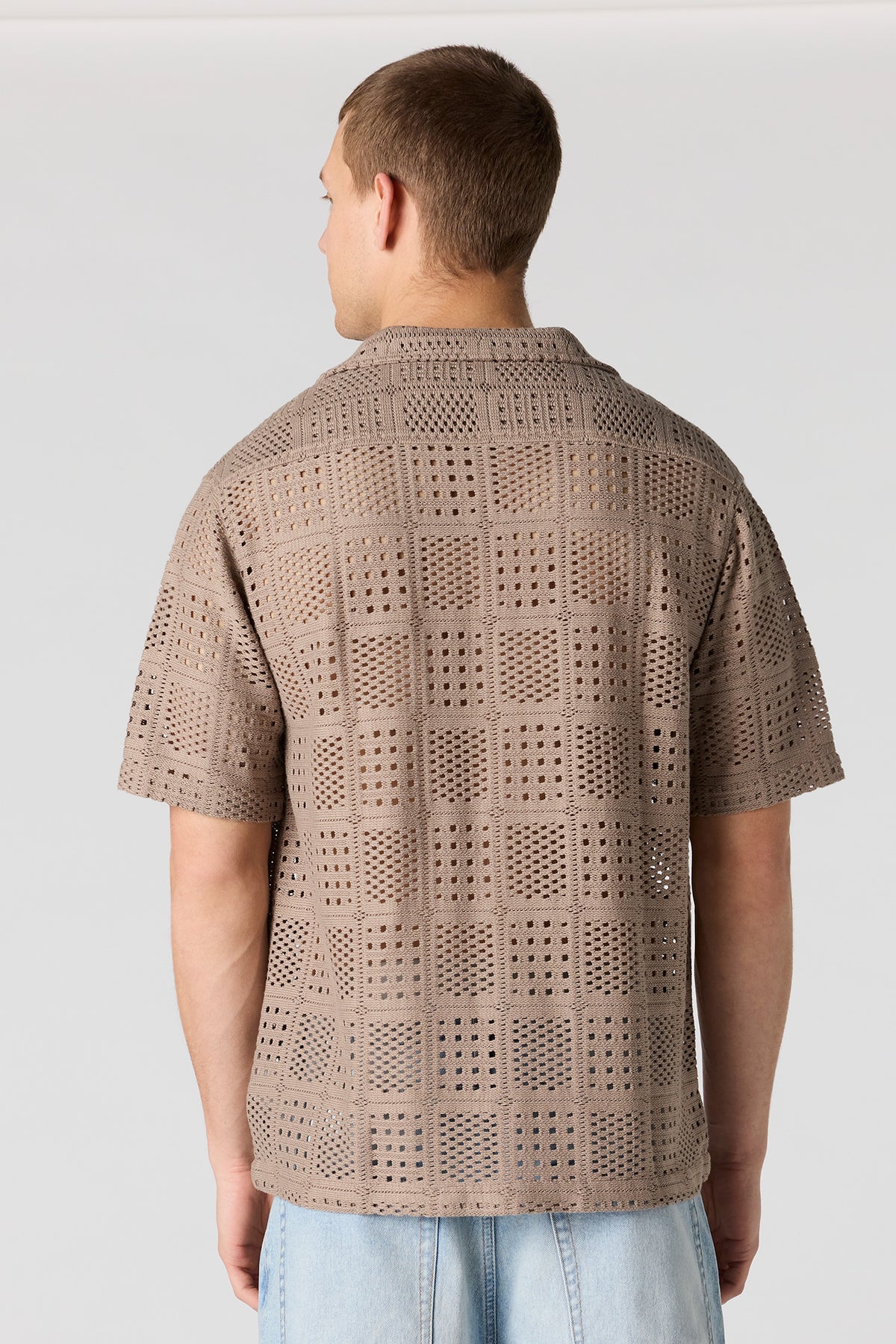 Alt View 2. Crochet Short Sleeve Button-Up Top - Brown