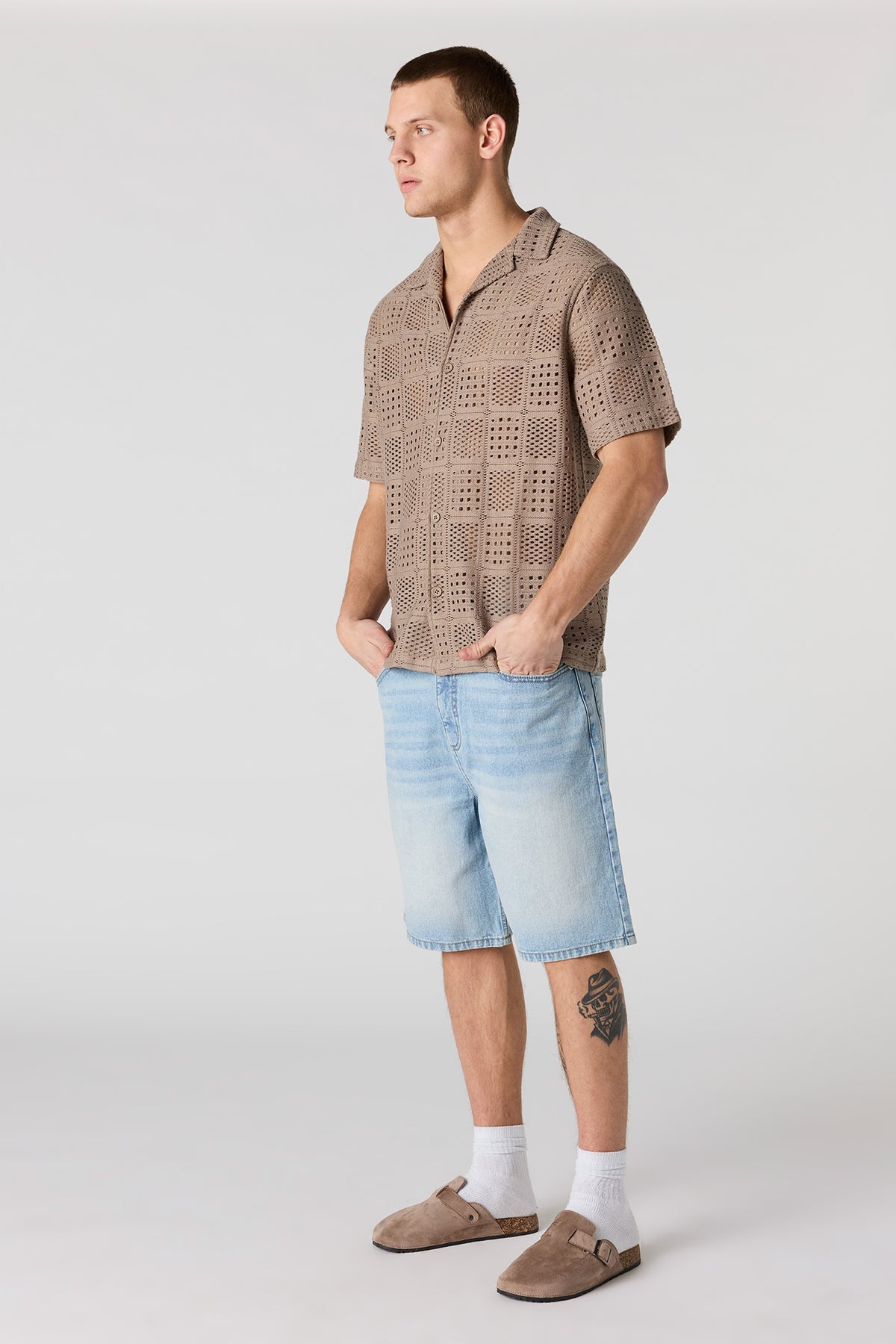 Alt View 3. Crochet Short Sleeve Button-Up Top - Brown