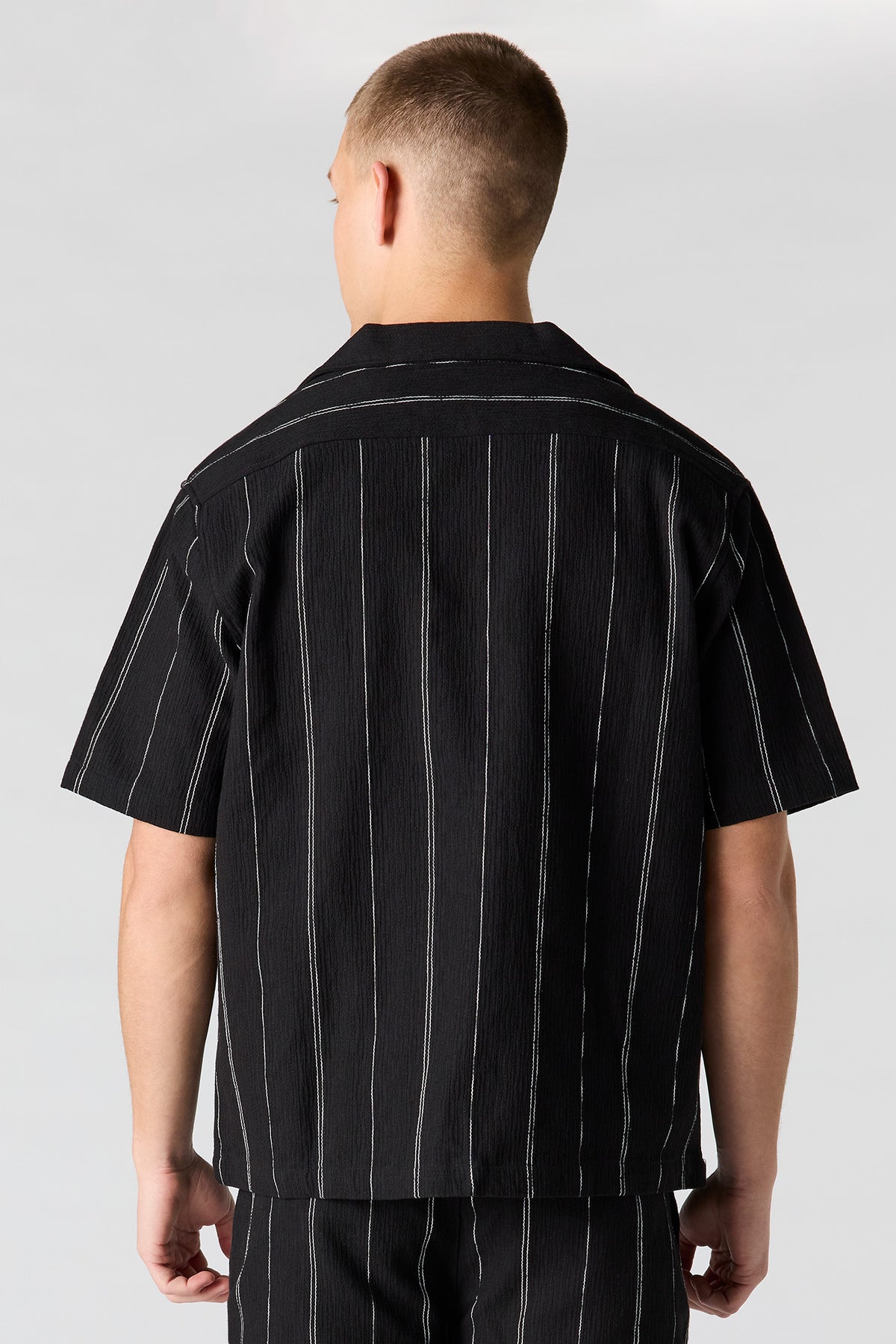 Alt View 2. Textured Striped Button-Up Top - Black