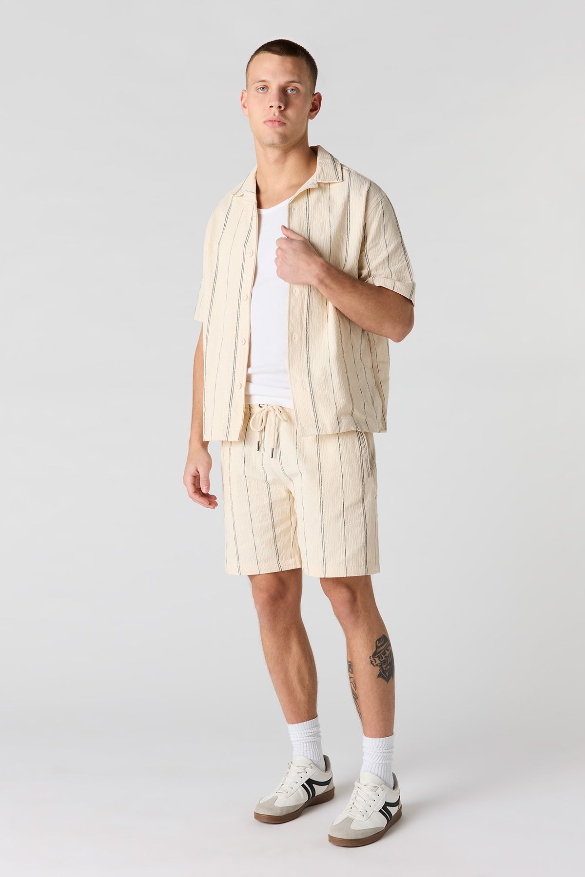 Alt View 3. Textured Striped Button-Up Top - Beige