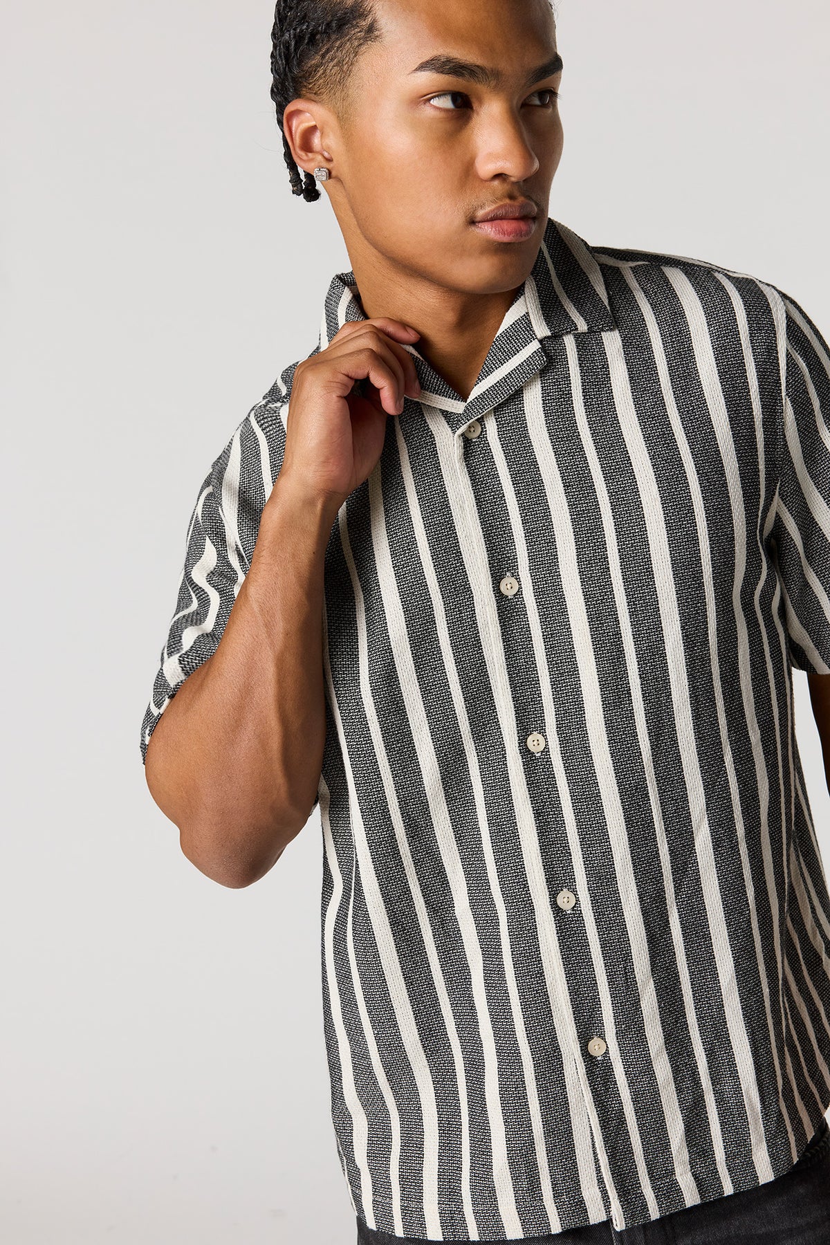 Textured Striped Button-Up Top - Black