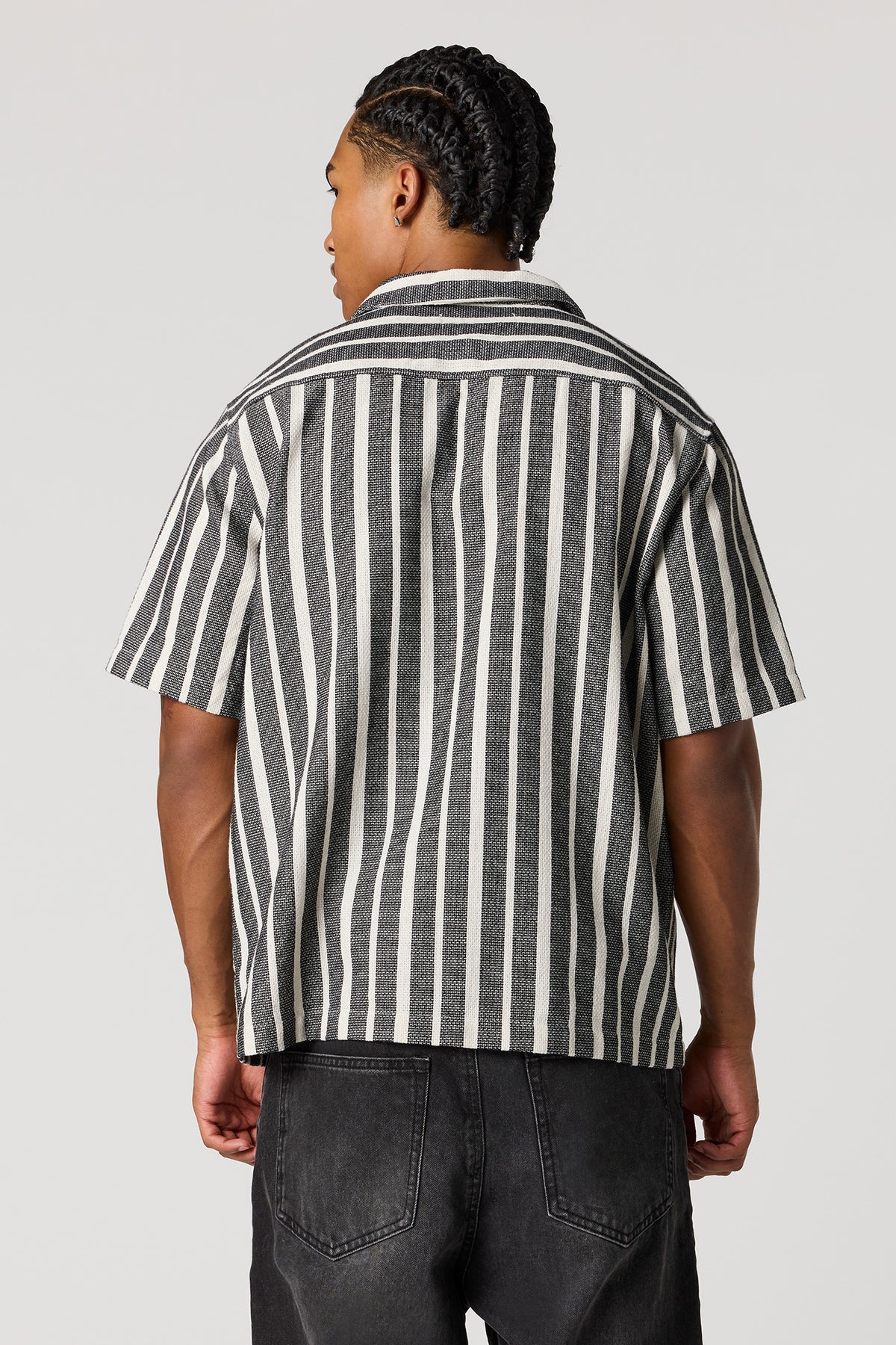 Alt View 2. Textured Striped Button-Up Top - Black