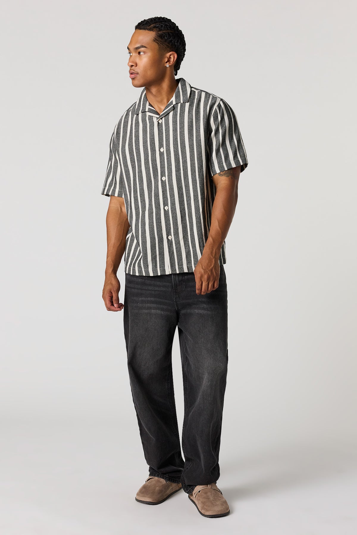 Alt View 3. Textured Striped Button-Up Top - Black
