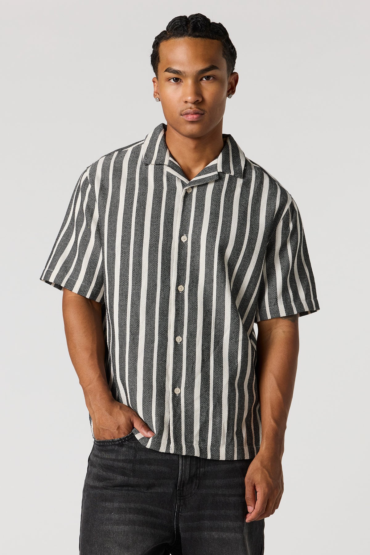 Alt View 4. Textured Striped Button-Up Top - Black
