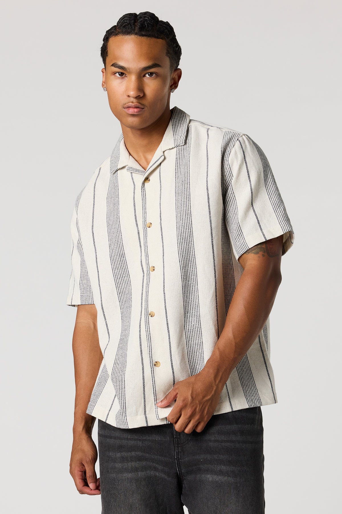 Textured Striped Button-Up Top - Off White