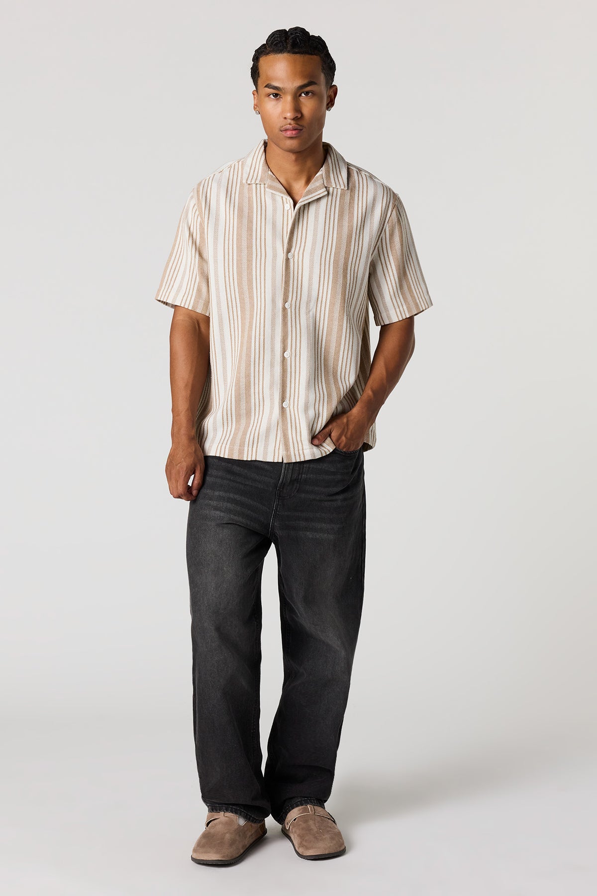 Alt View 3. Textured Striped Button-Up Top - Beige