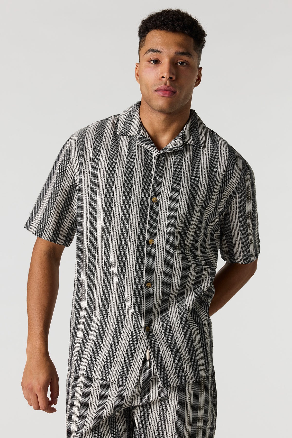 Textured Striped Button-Up Top - Black