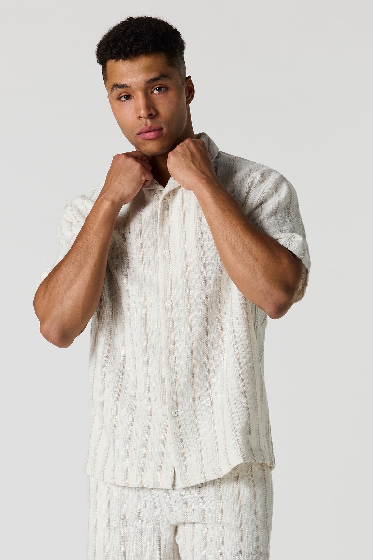 Textured Striped Button-Up Top - Beige