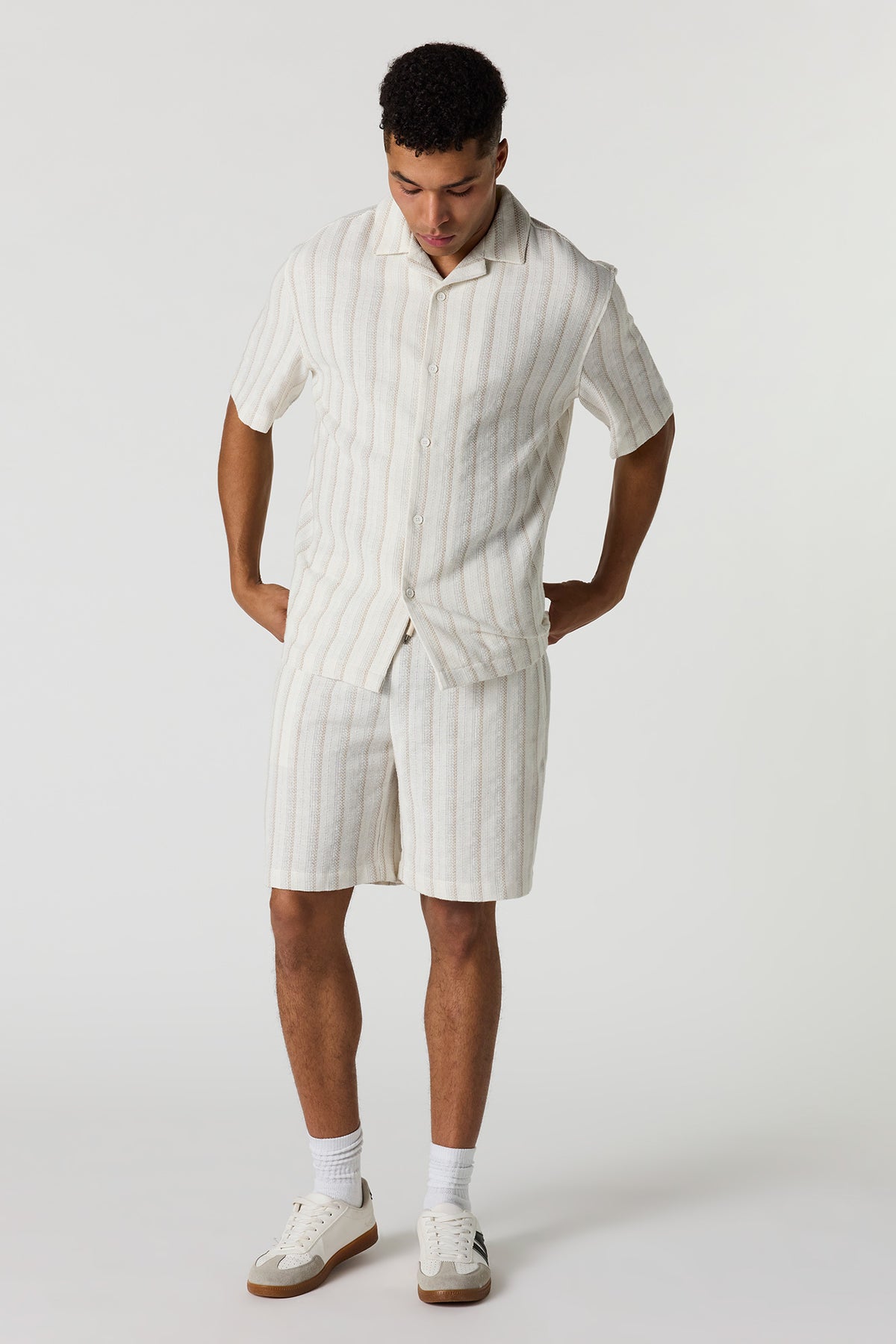 Alt View 3. Textured Striped Button-Up Top - Beige