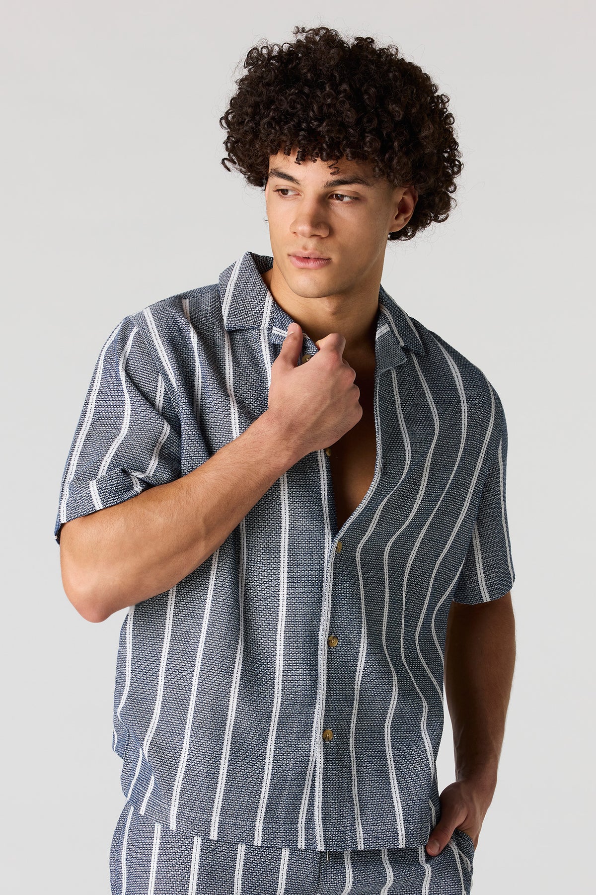 Textured Striped Button-Up Top - Blue
