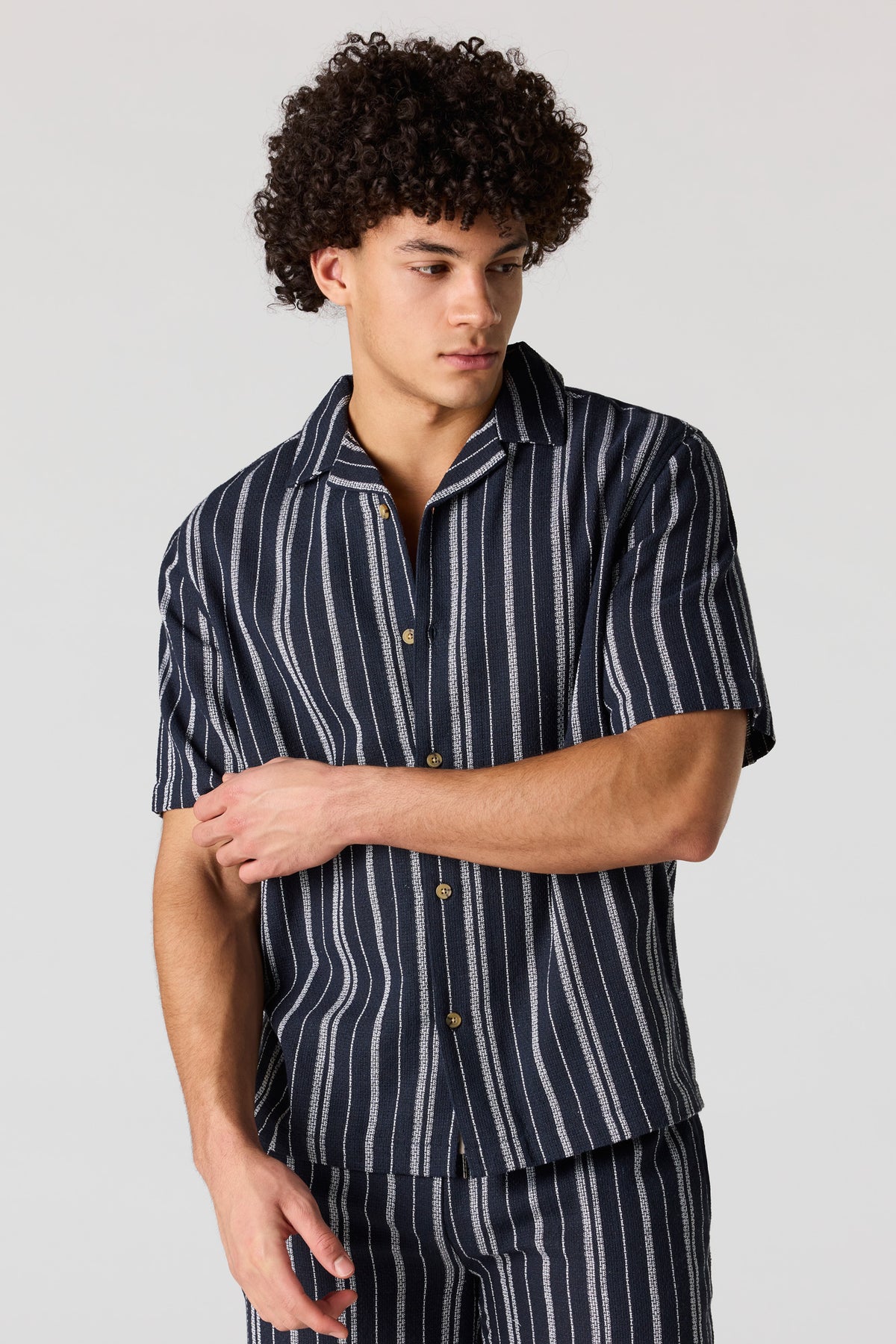 Textured Striped Button-Up Top - Navy