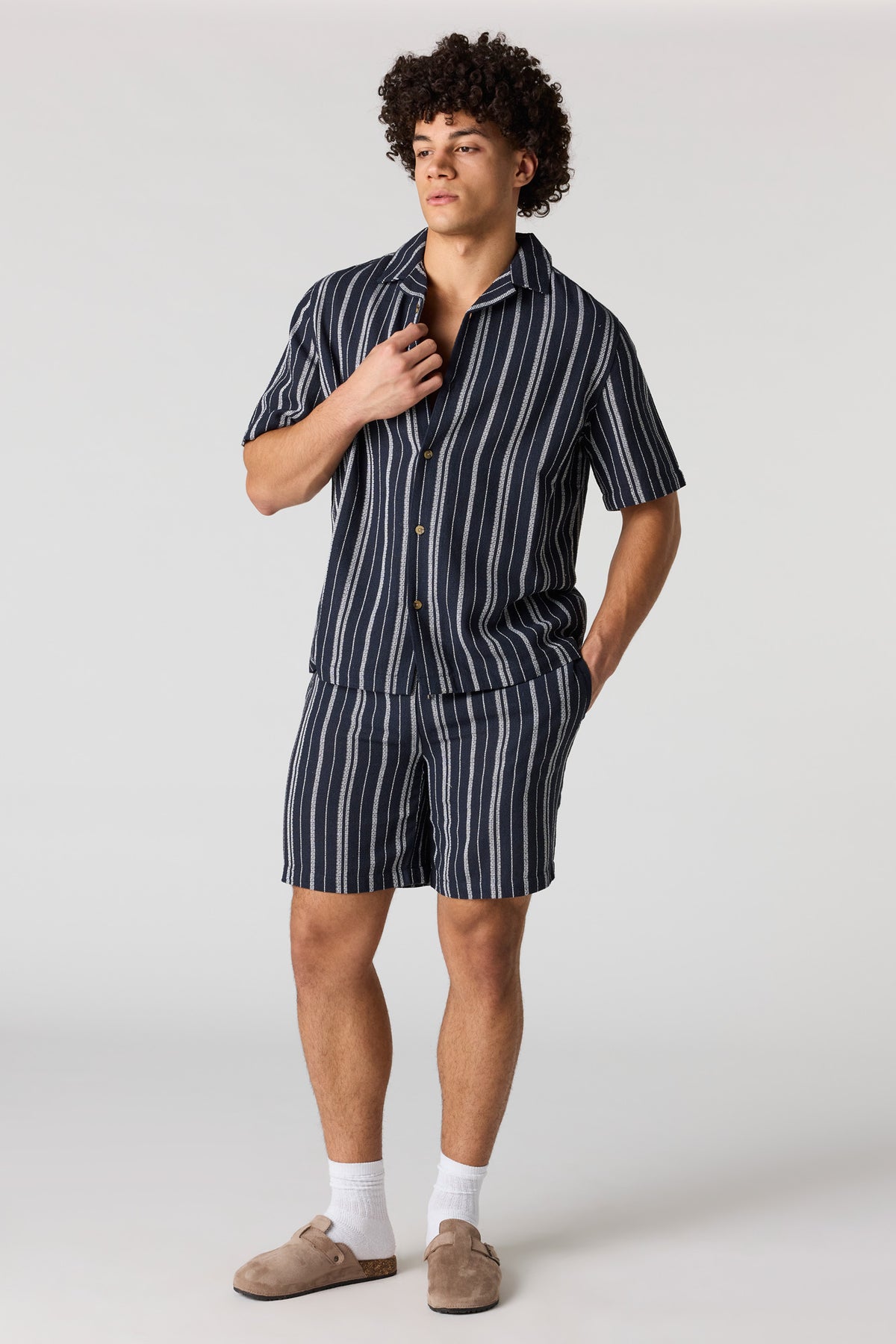 Alt View 3. Textured Striped Button-Up Top - Navy