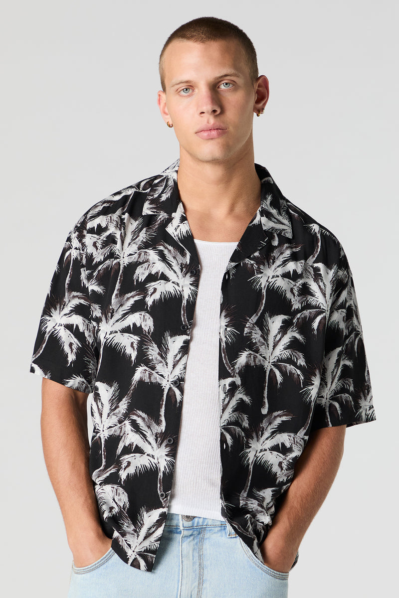 Tropical Print Short Sleeve Button-Up Top