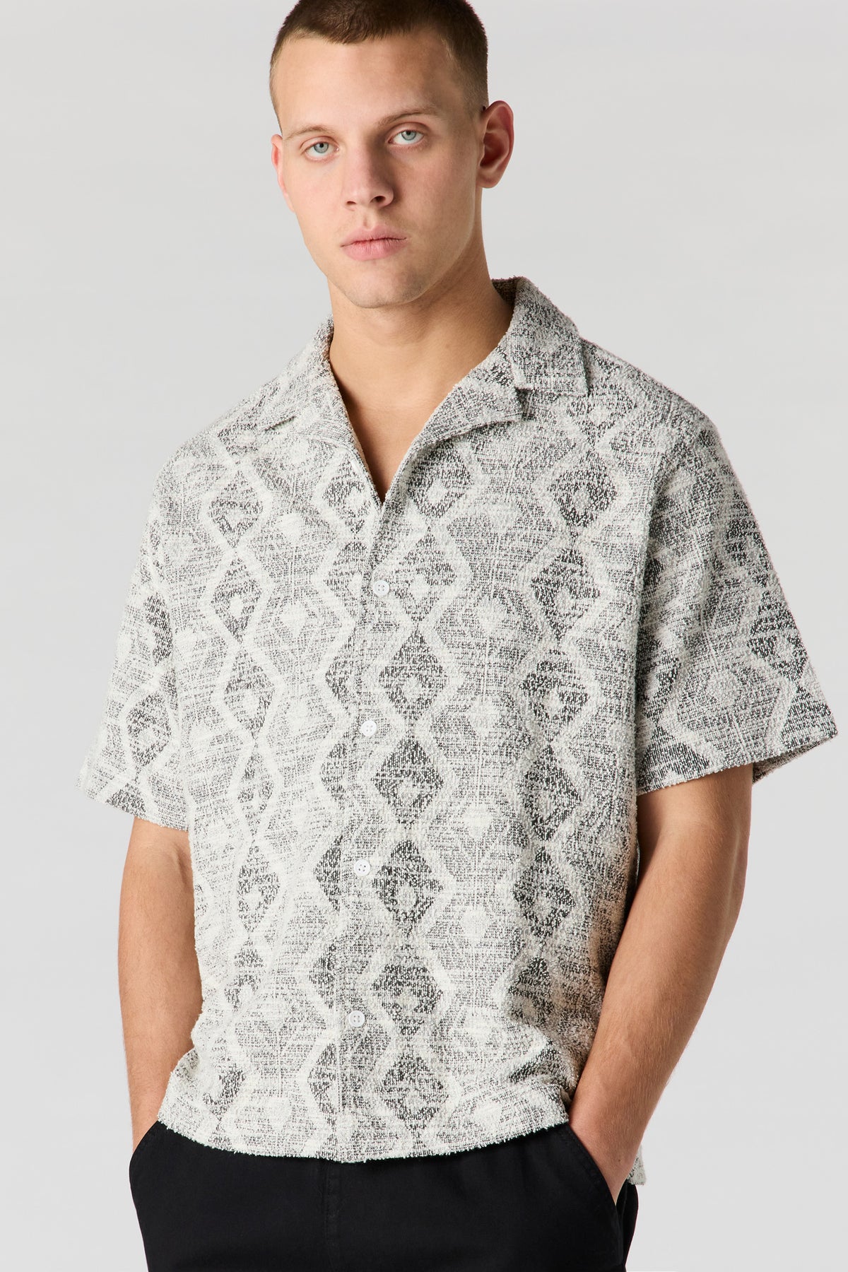Geo Textured Button-Up Top - Heather Grey
