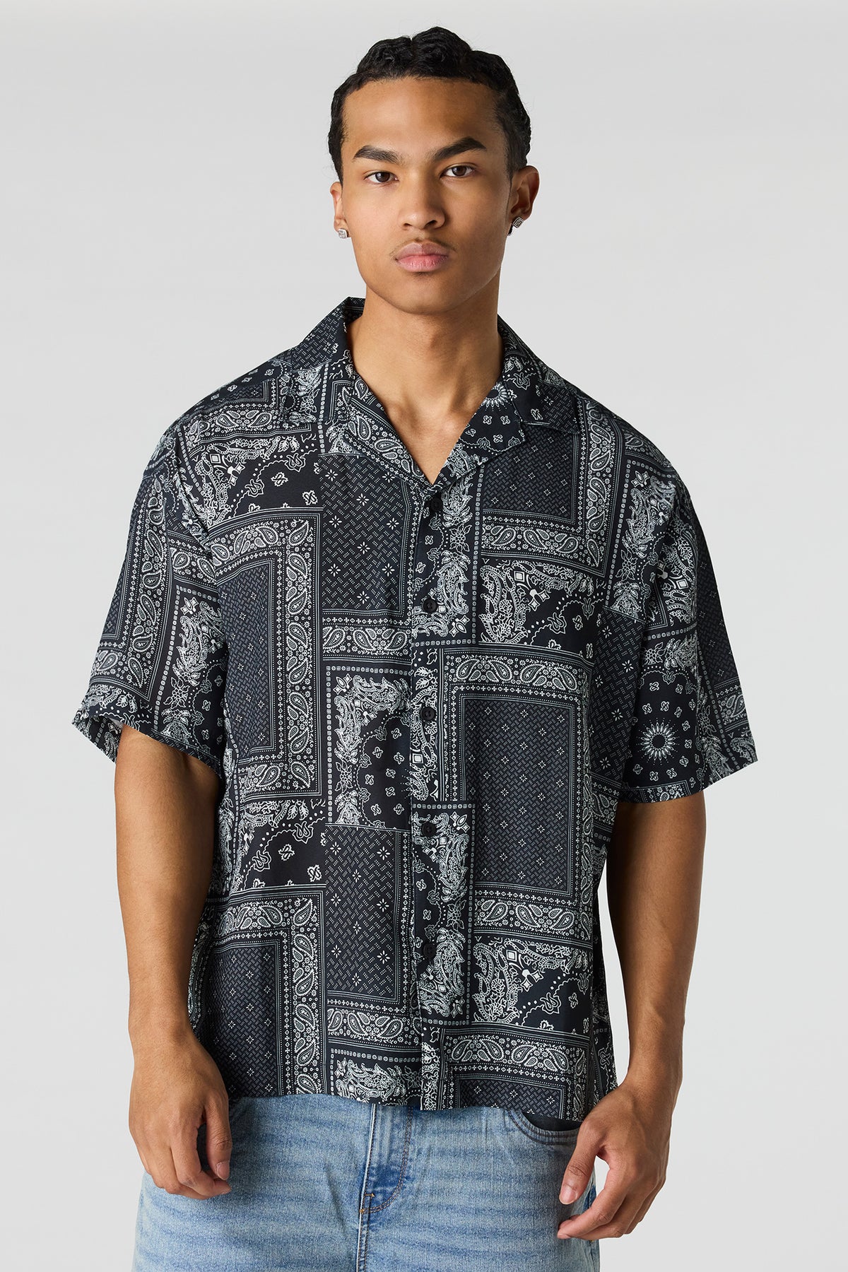 Flowy Printed Button-Up Collared Top - Black