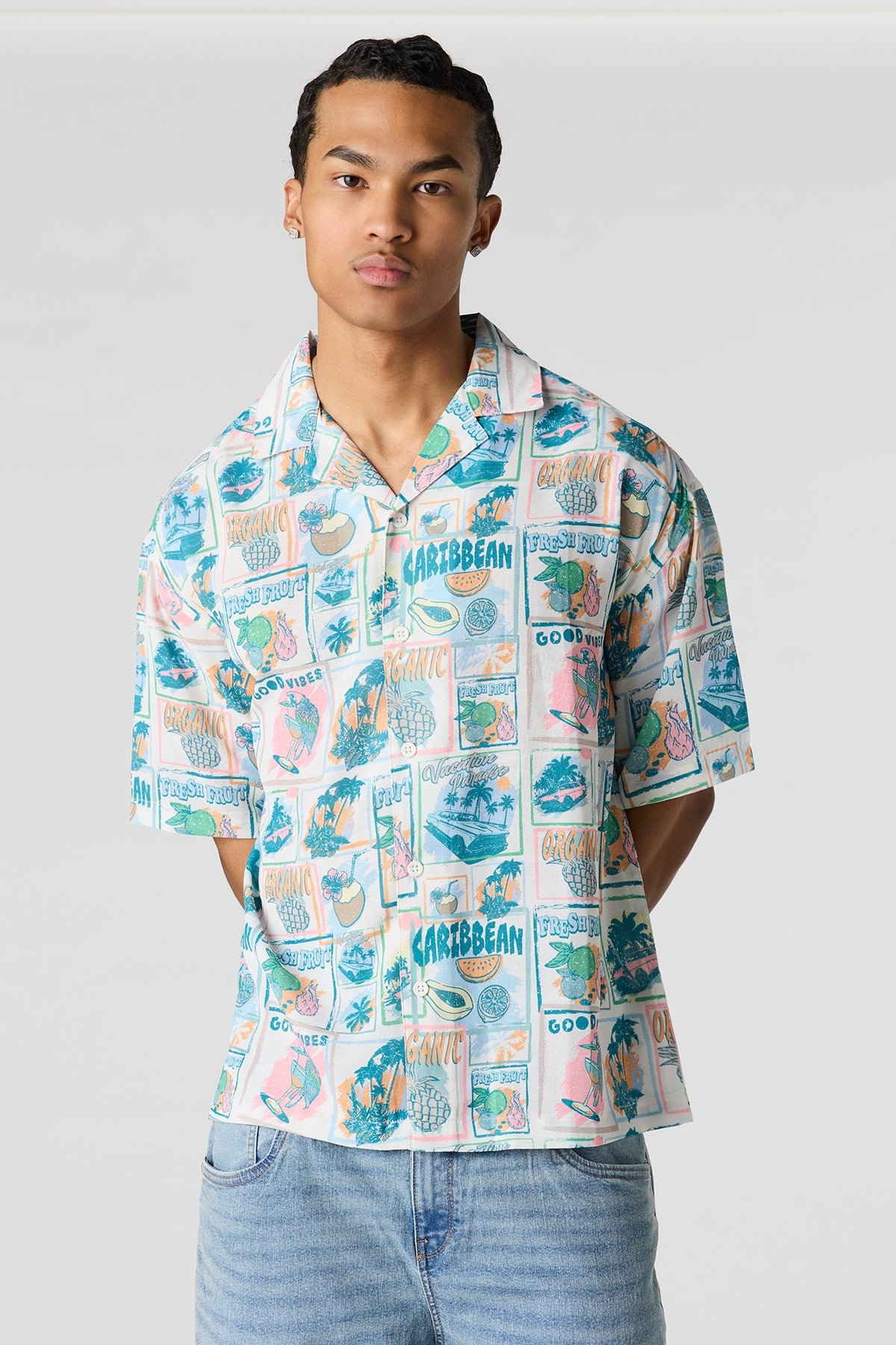 Flowy Printed Button-Up Collared Top - Light Blue