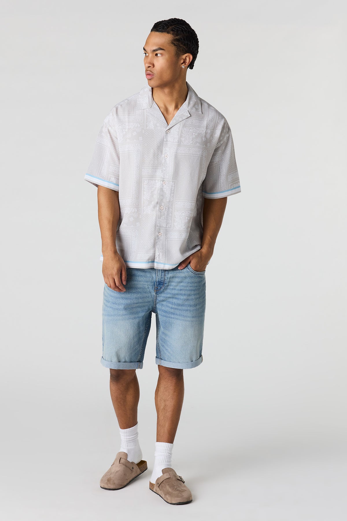 Alt View 3. Flowy Printed Button-Up Collared Top - Beige