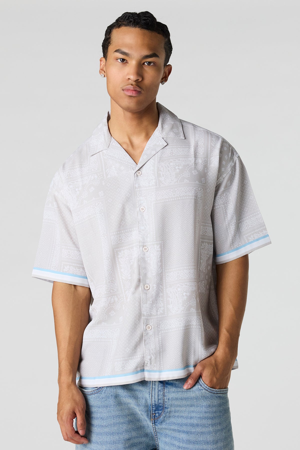 Flowy Printed Button-Up Collared Top - Beige