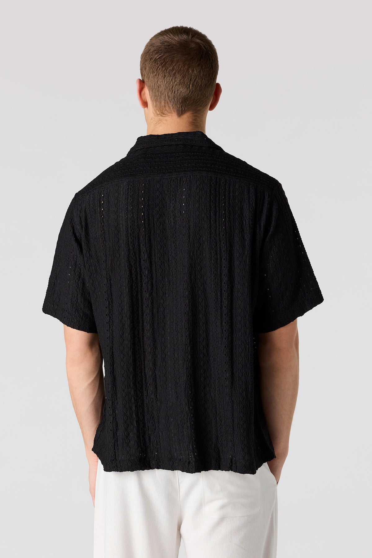 Alt View 2. Textured Short Sleeve Button-Up Top - Black