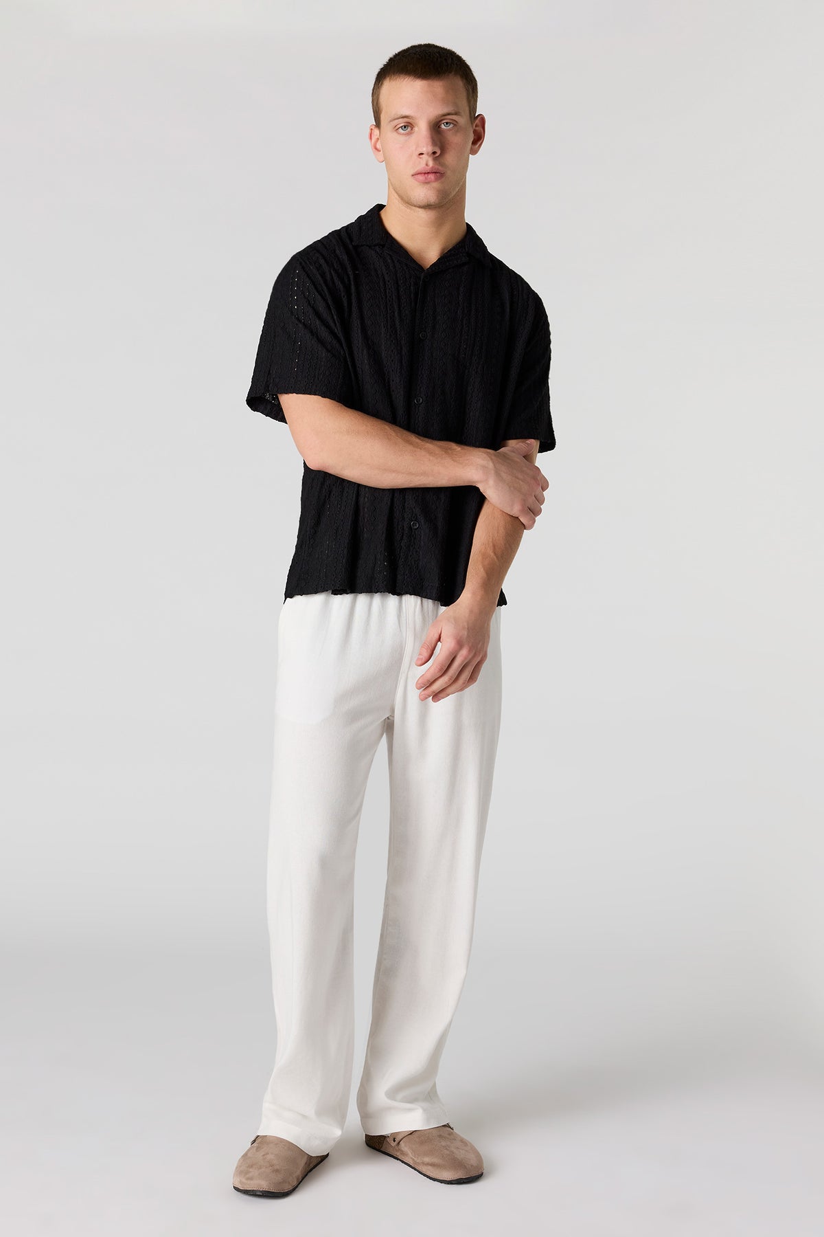 Alt View 3. Textured Short Sleeve Button-Up Top - Black