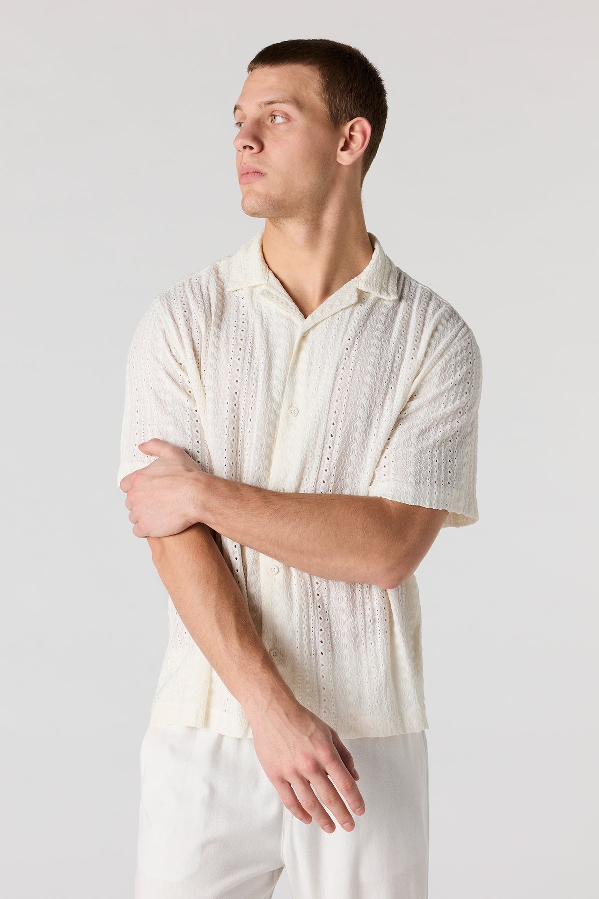 Textured Short Sleeve Button-Up Top - Off White