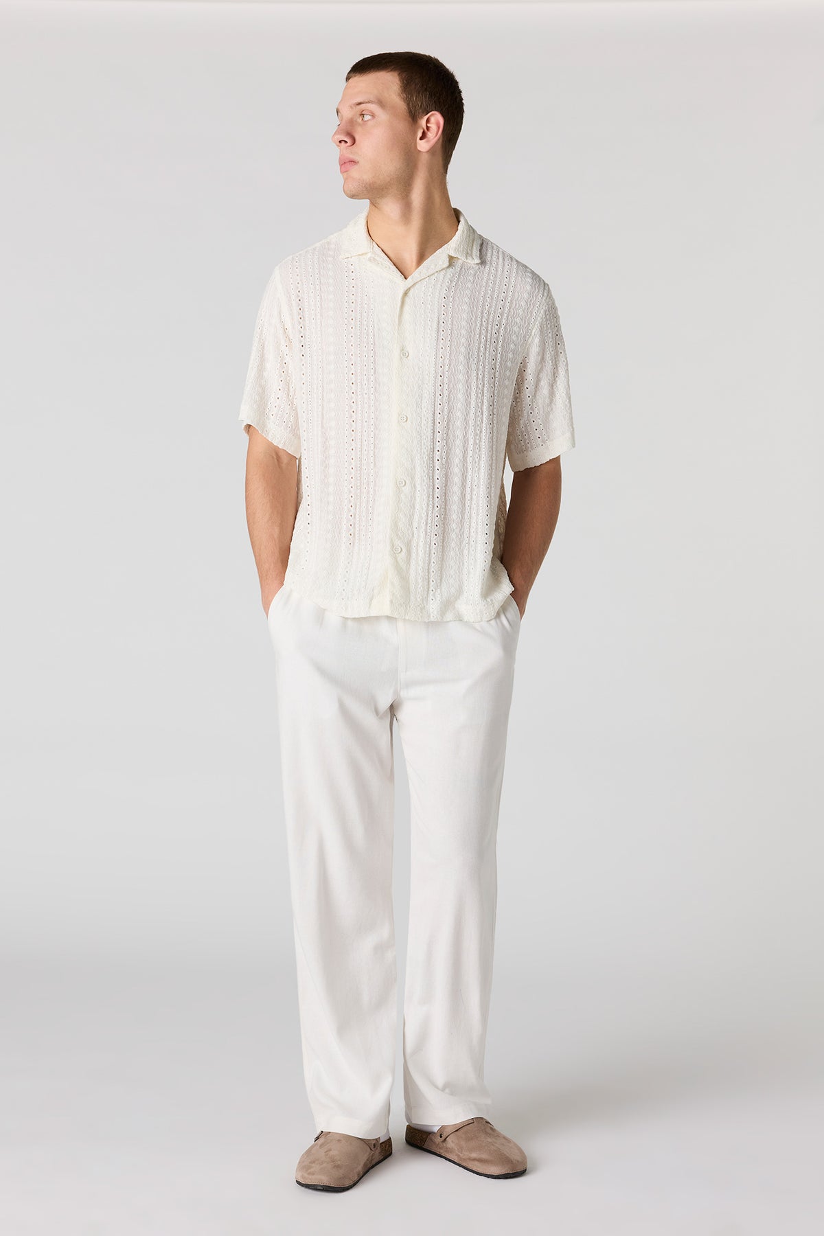 Alt View 3. Textured Short Sleeve Button-Up Top - Off White
