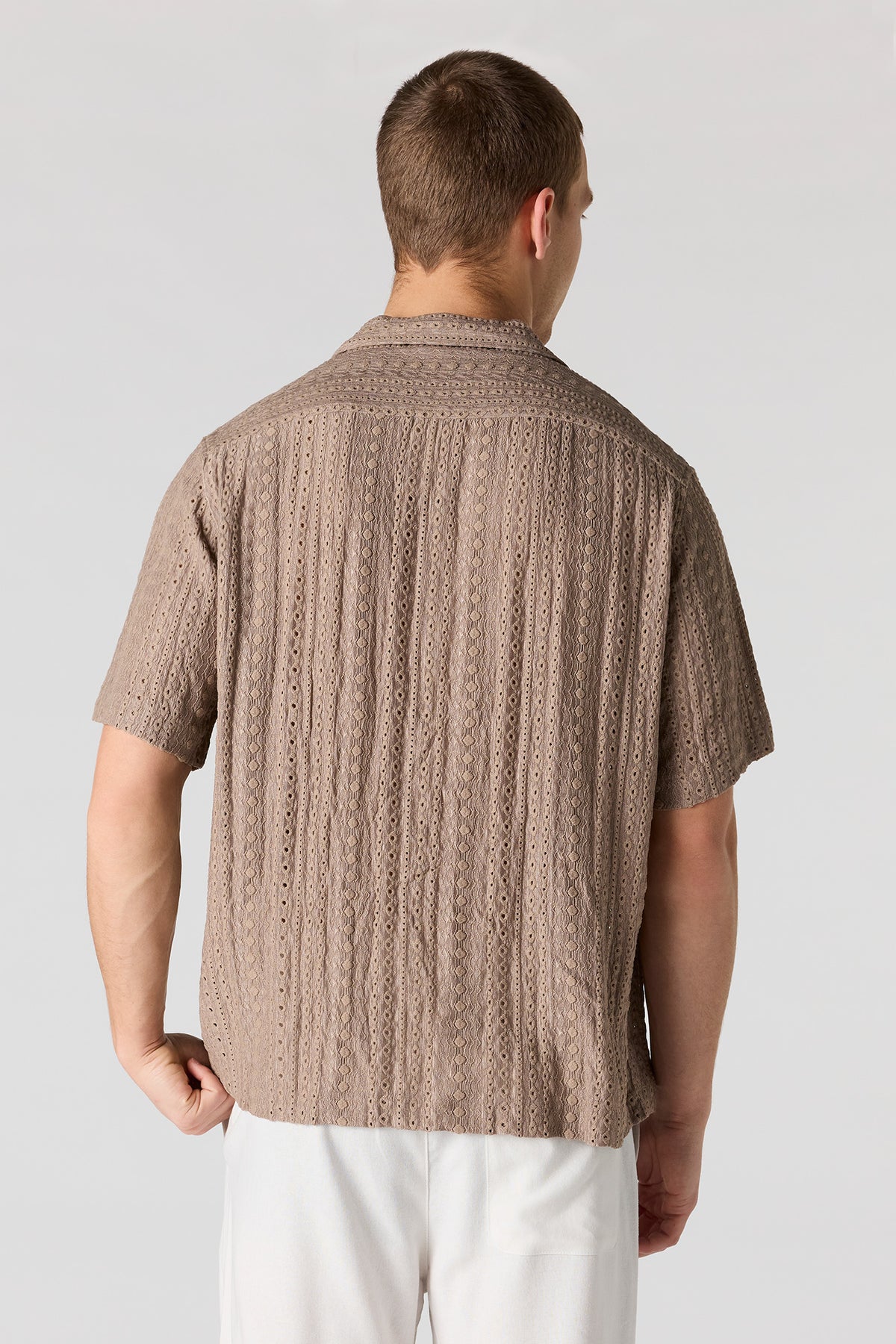 Alt View 3. Textured Short Sleeve Button-Up Top - Beige