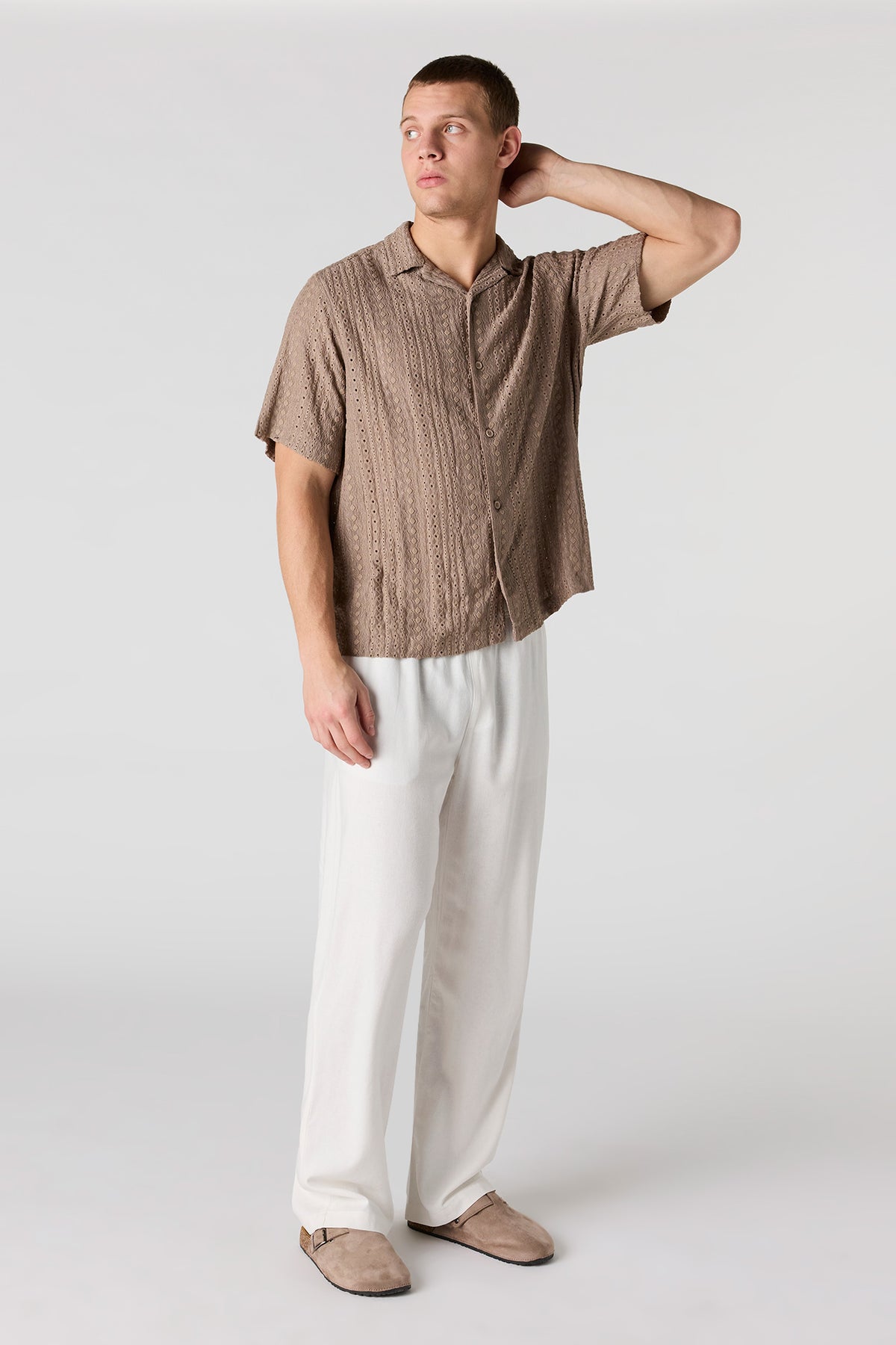 Alt View 4. Textured Short Sleeve Button-Up Top - Beige