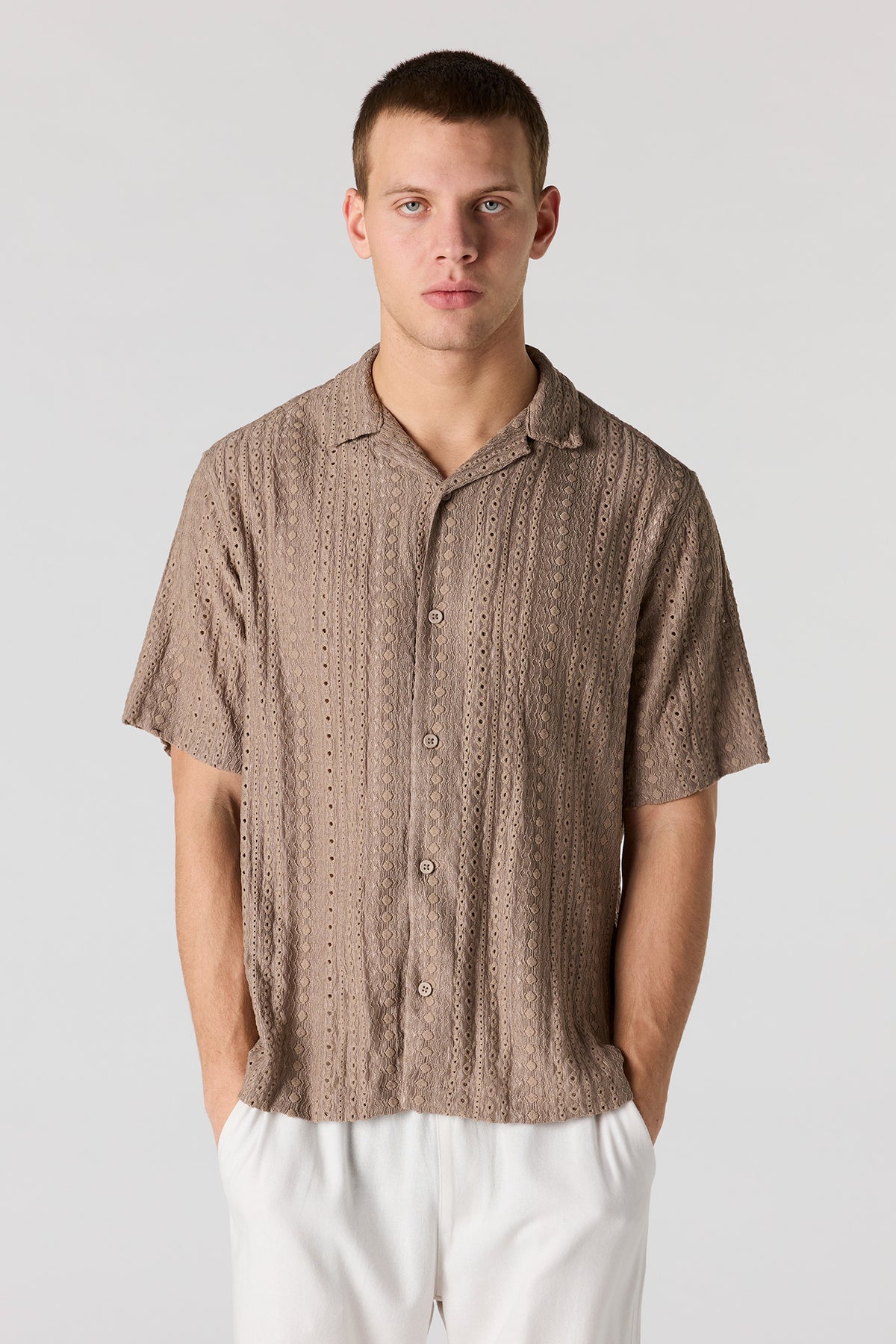 Alt View 2. Textured Short Sleeve Button-Up Top - Beige