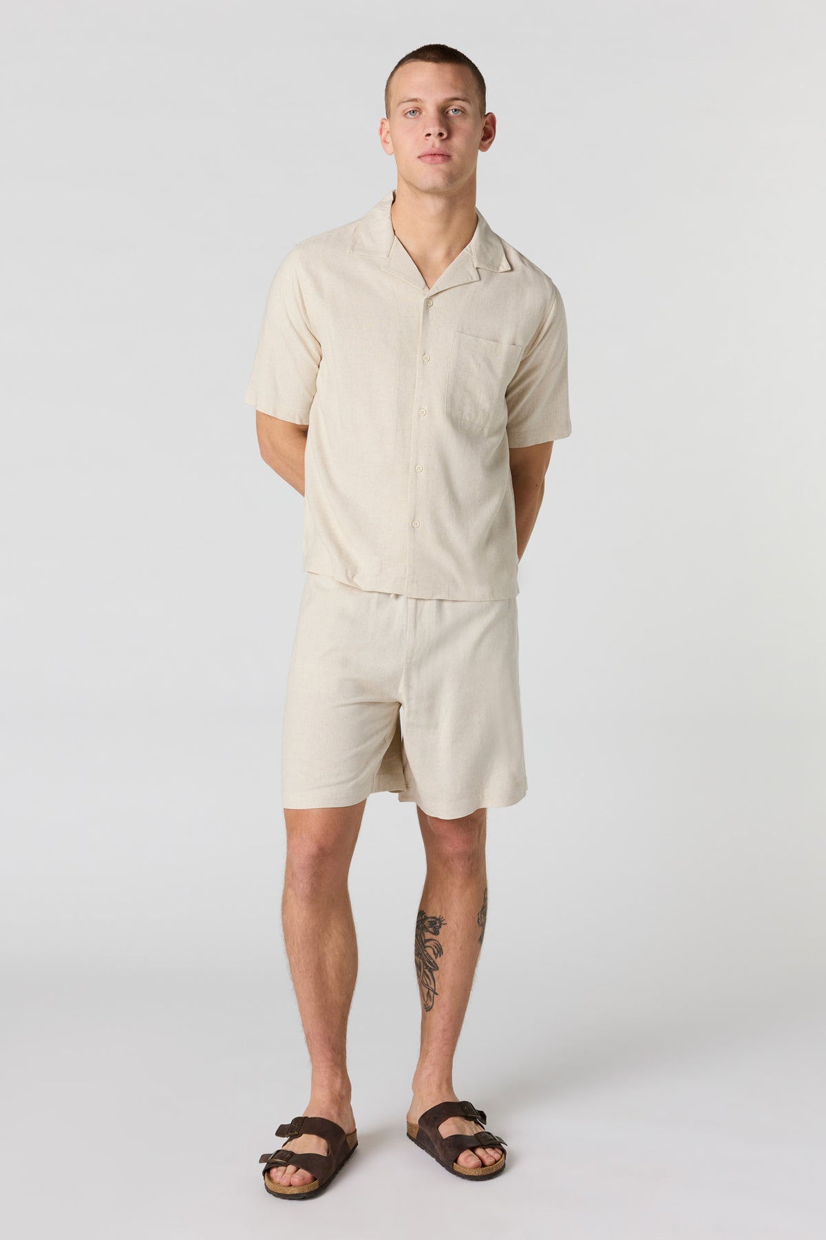 Alt View 3. Linen-Blend Short Sleeve Button-Up Top - Sand