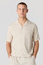 Linen-Blend Short Sleeve Button-Up Top