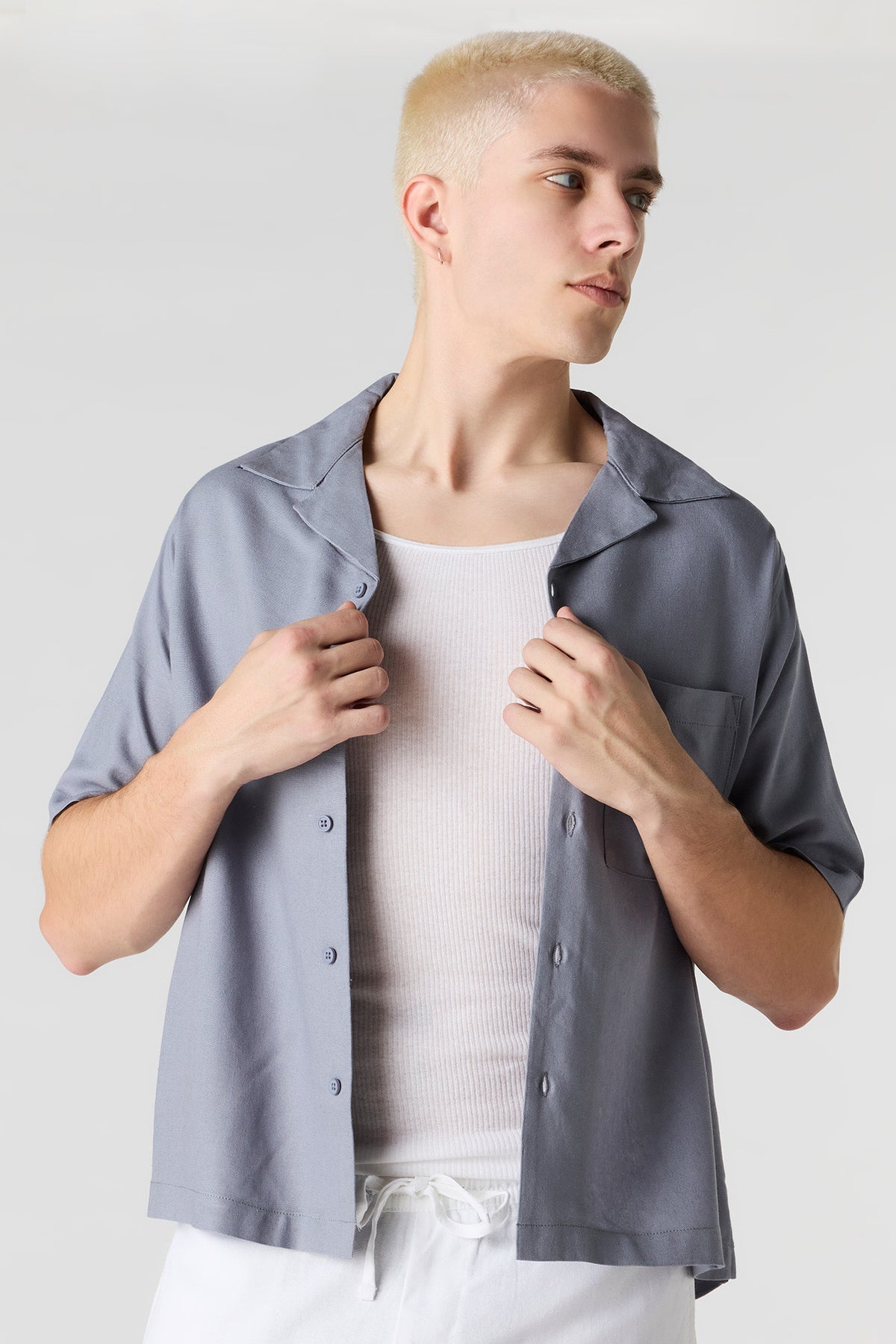 Linen-Blend Button-Up Top - Blue