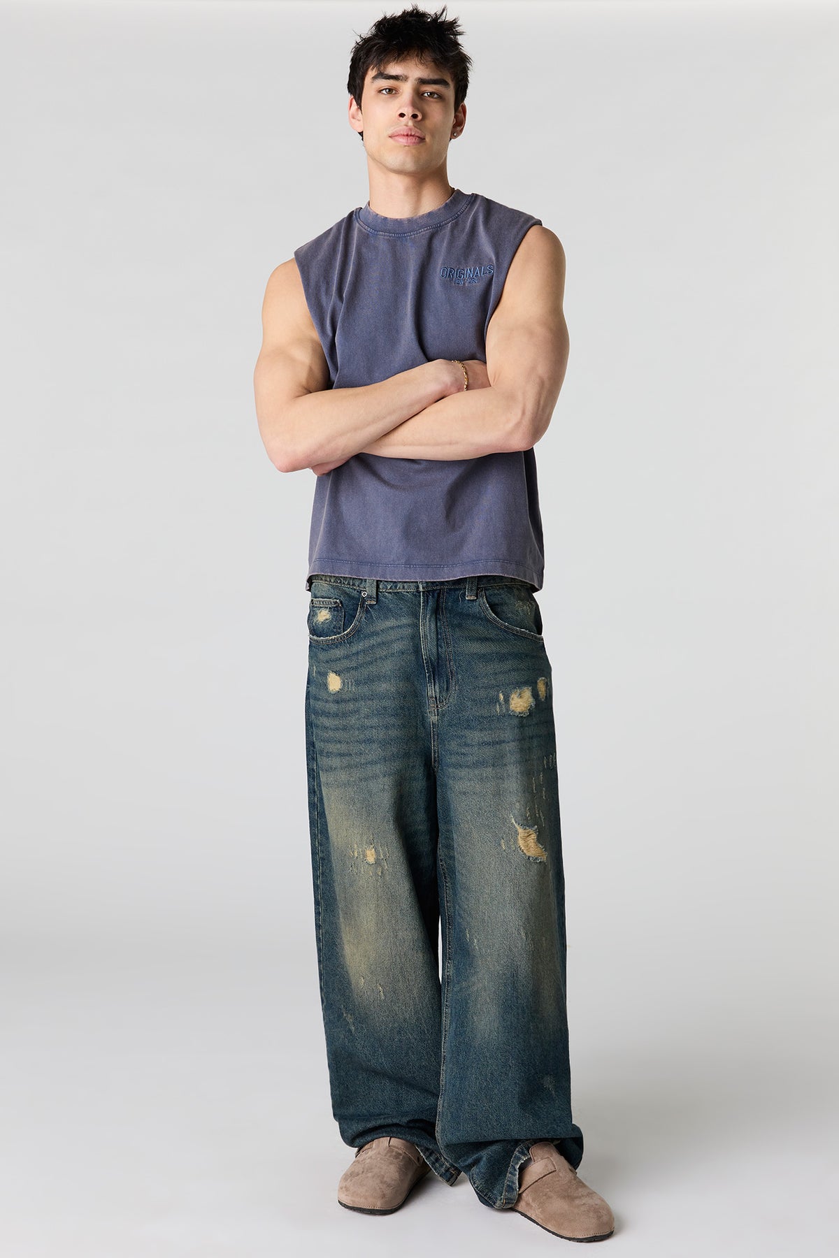 Alt View 3. Premium Heavyweight Cotton Graphic Muscle Tank - Navy