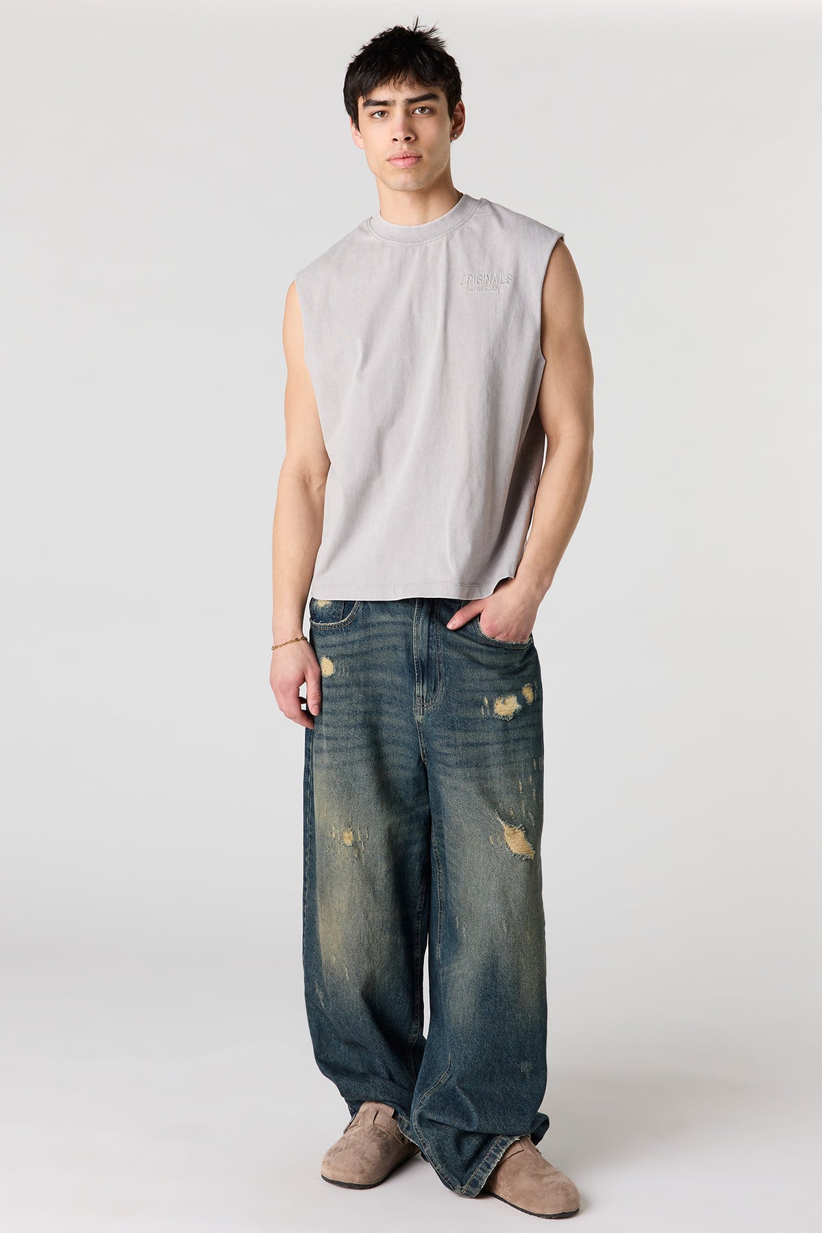 Alt View 3. Premium Heavyweight Cotton Graphic Muscle Tank - Light Grey