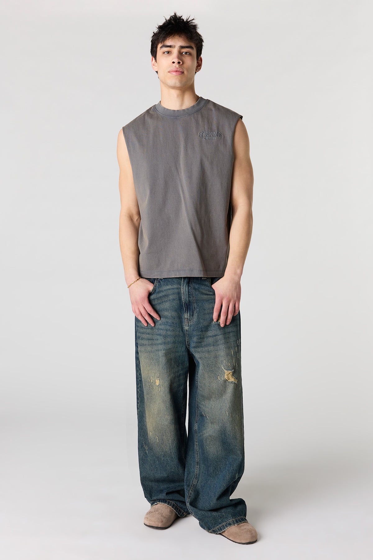 Alt View 3. Premium Heavyweight Cotton Graphic Muscle Tank - Medium Denim Blue