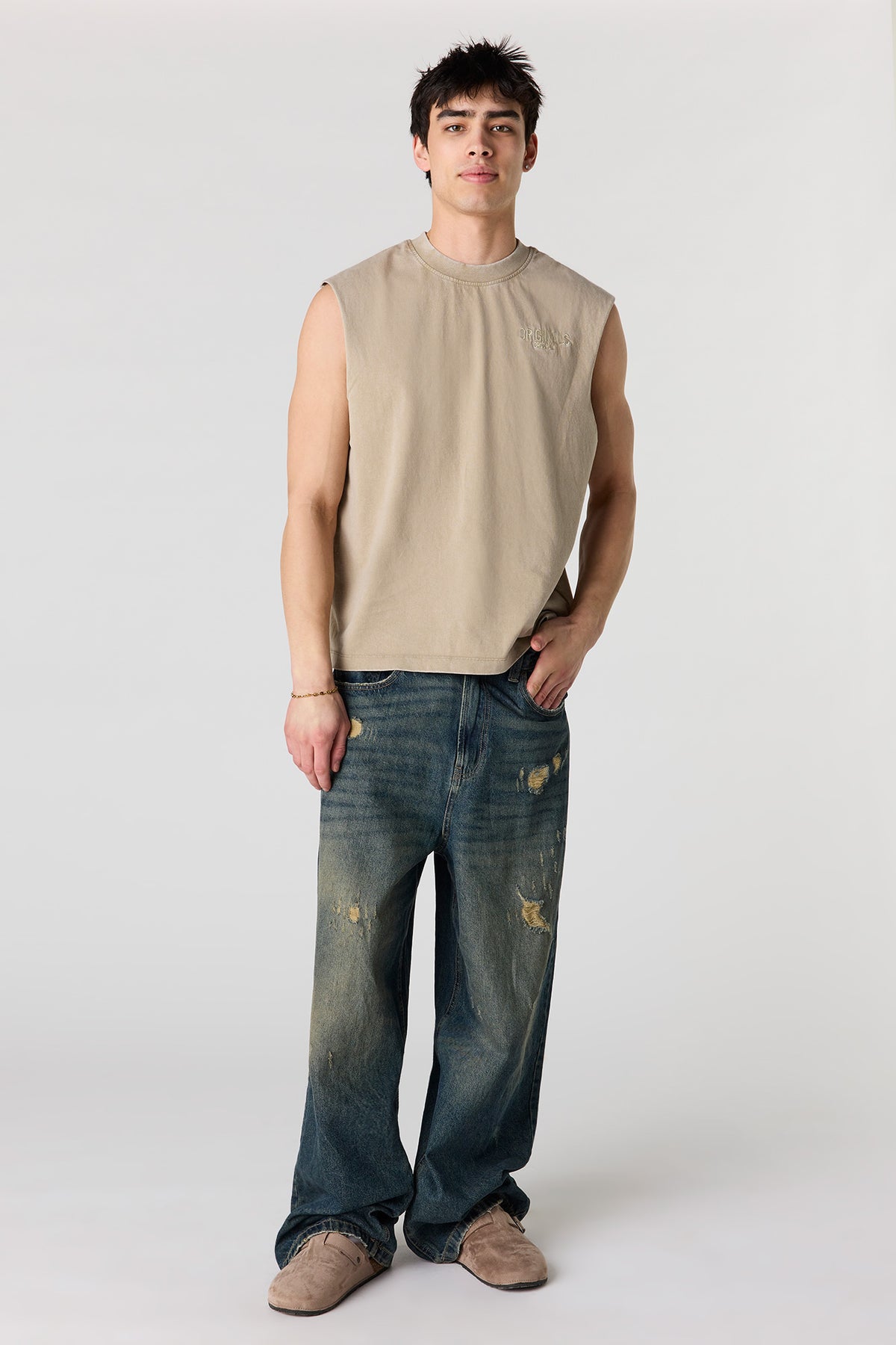 Alt View 3. Premium Heavyweight Cotton Graphic Muscle Tank - Khaki