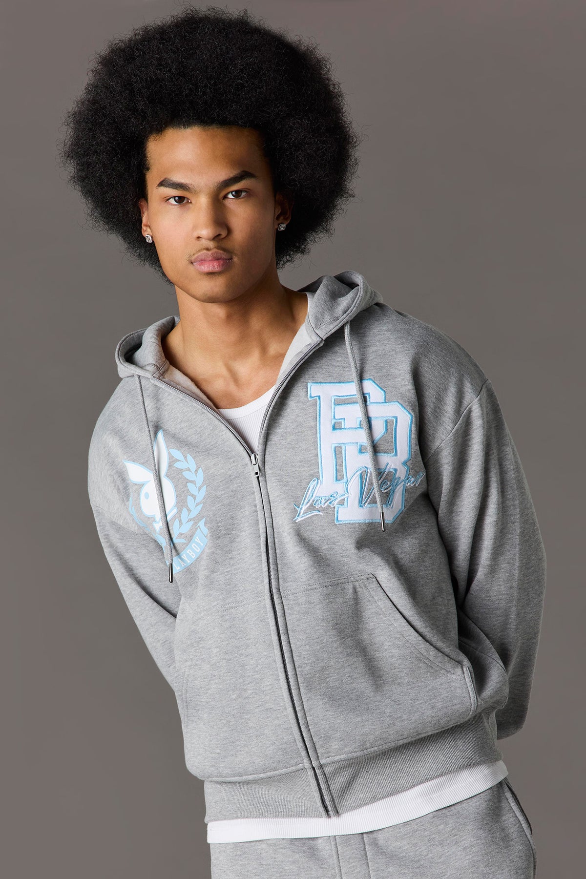 Playboy Graphic Fleece Zip-Up Hoodie - Heather Grey