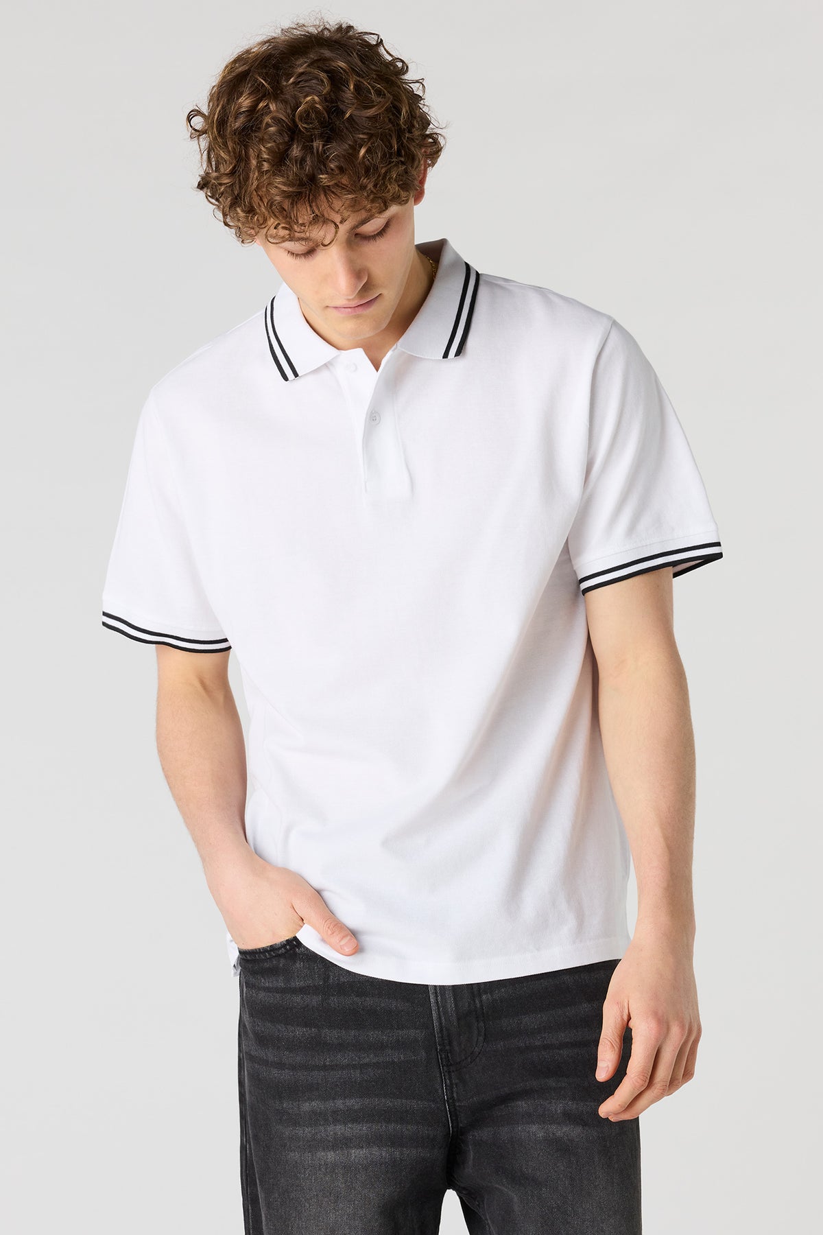 Striped Trim Polo - White
