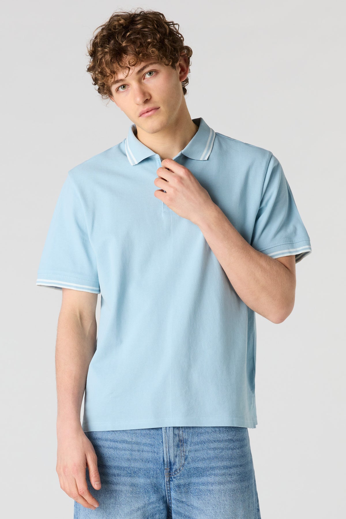 Alt View 2. Striped Trim Polo - Light Blue