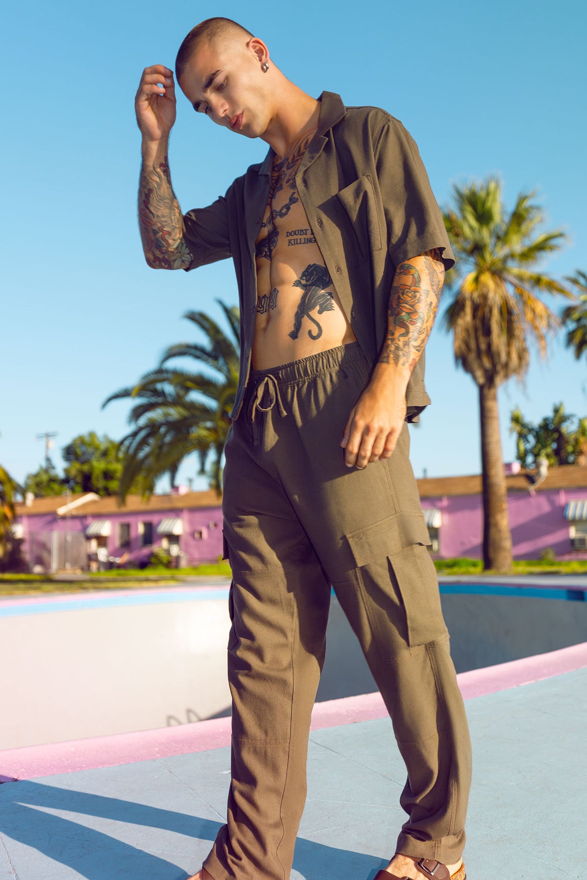 Linen-Blend Baggy Cargo Jogger - Green