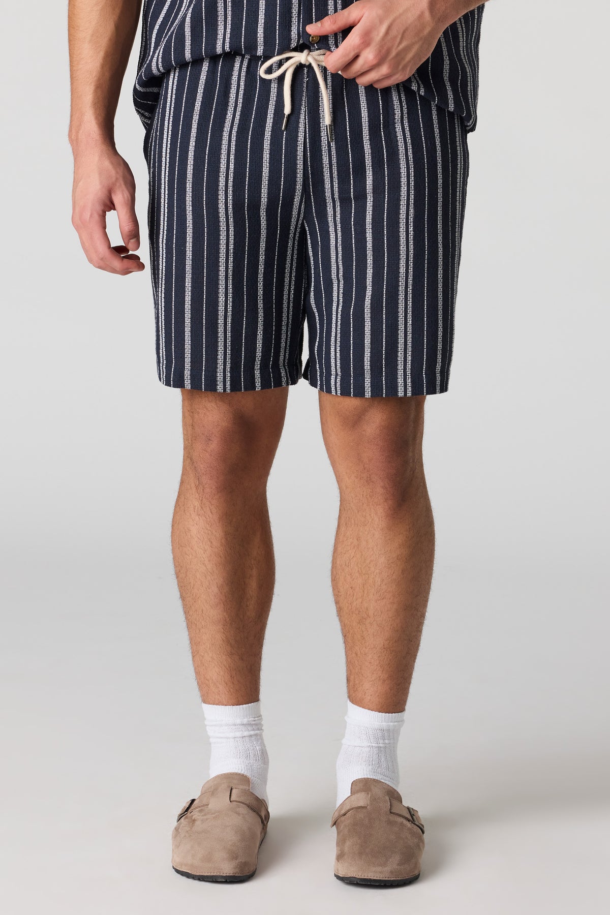 Textured Striped Drawstring Short - Navy