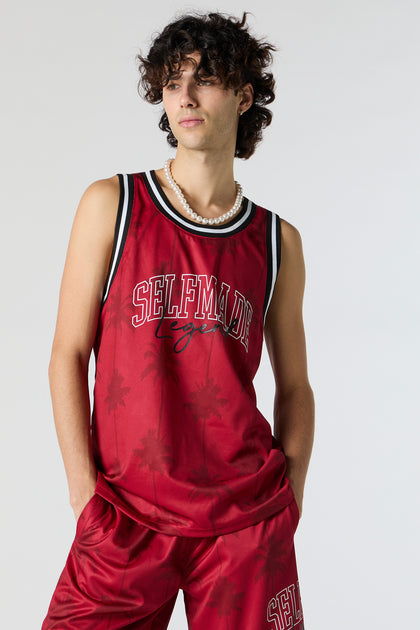 Jersey de basketball rouge à imprimé Self Made Legend et motif de palmiers