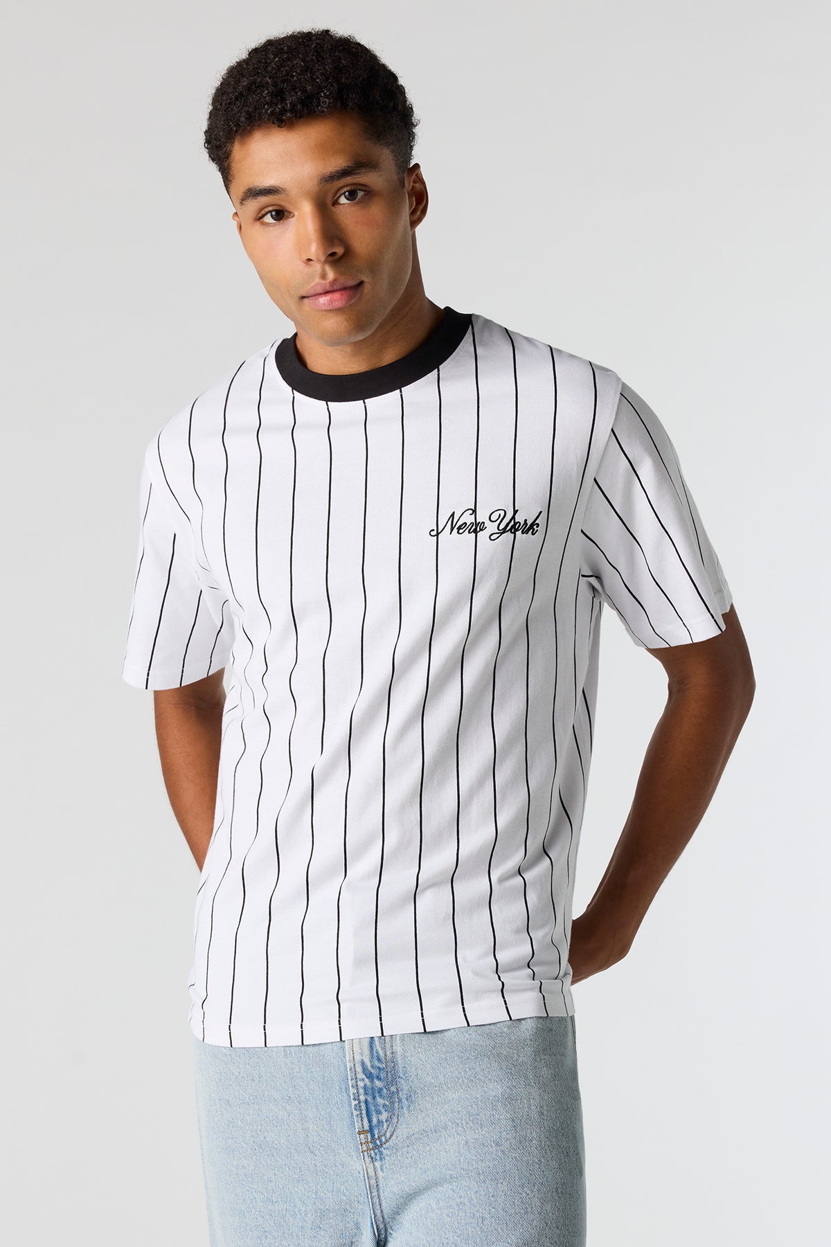 New York Embroidered Pinstriped T-Shirt - Black