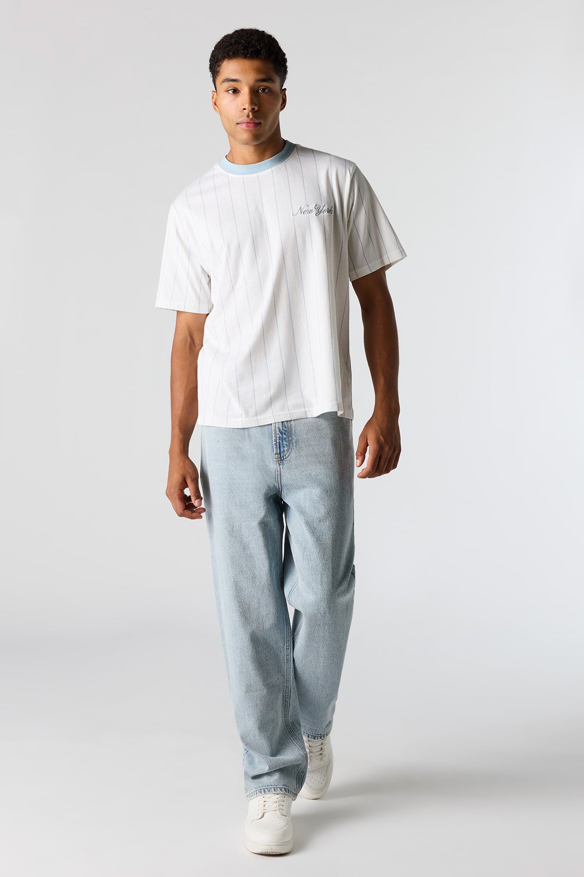 Alt View 3. New York Embroidered Pinstriped T-Shirt - Light Blue