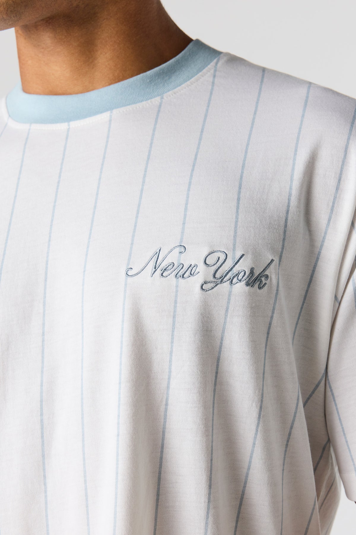 Alt View 4. New York Embroidered Pinstriped T-Shirt - Light Blue