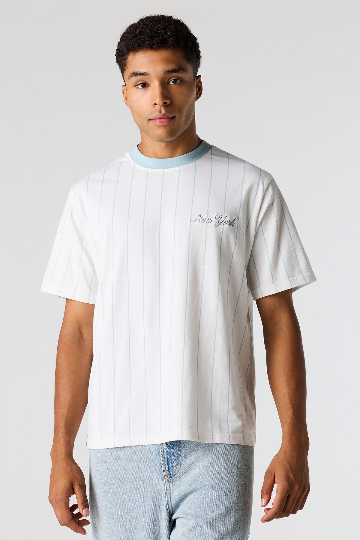 New York Embroidered Pinstriped T-Shirt - Light Blue