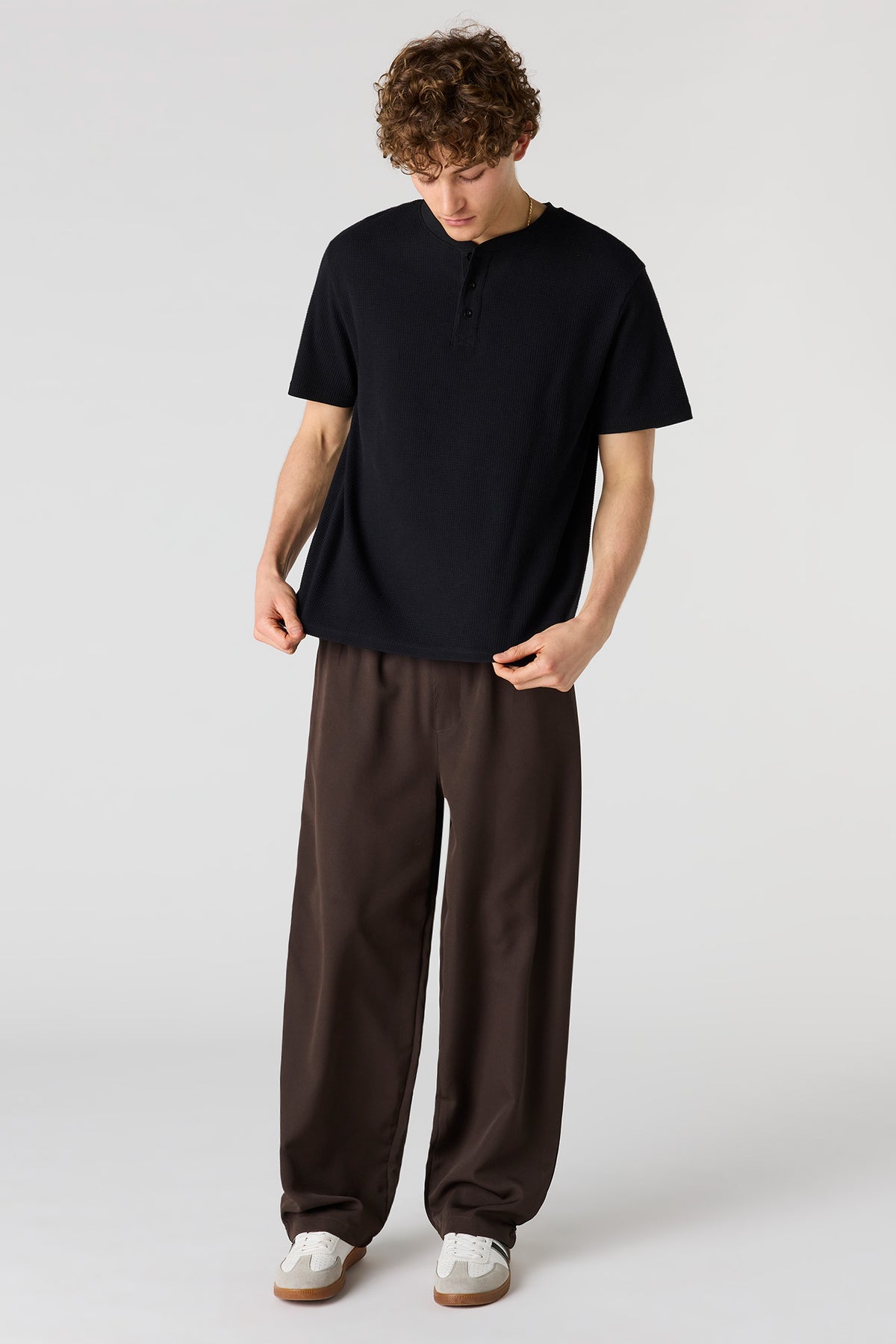 Alt View 3. Waffle Knit Henley T-Shirt - Black