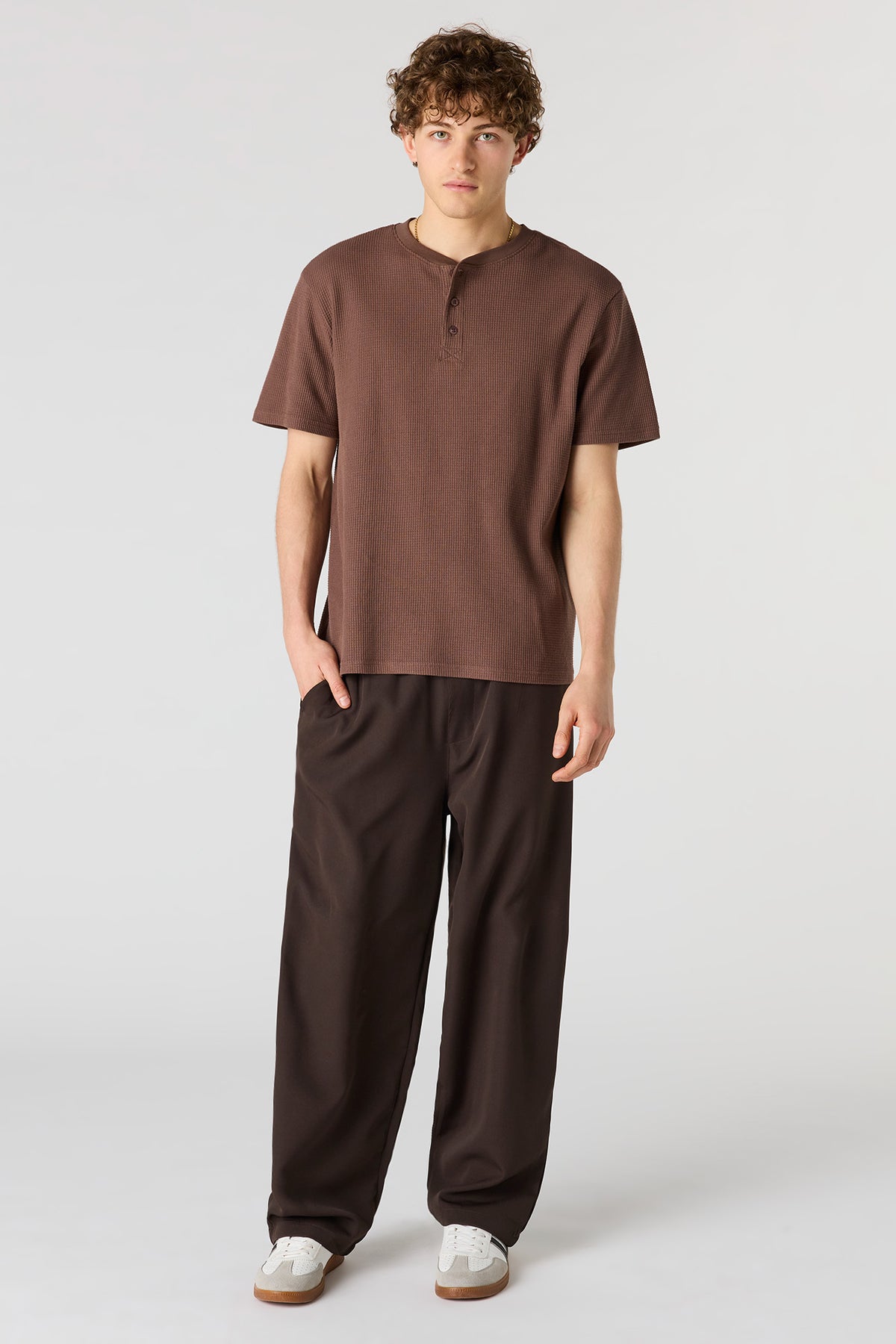 Alt View 3. Waffle Knit Henley T-Shirt - Brown