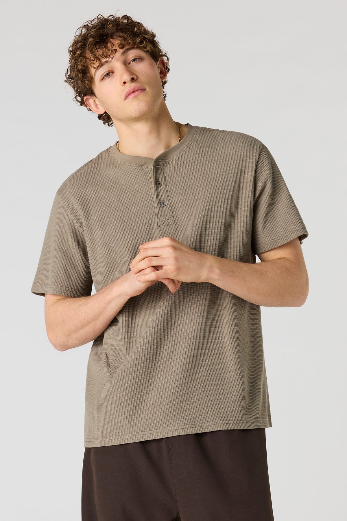 Waffle Knit Henley T-Shirt - Dark Green